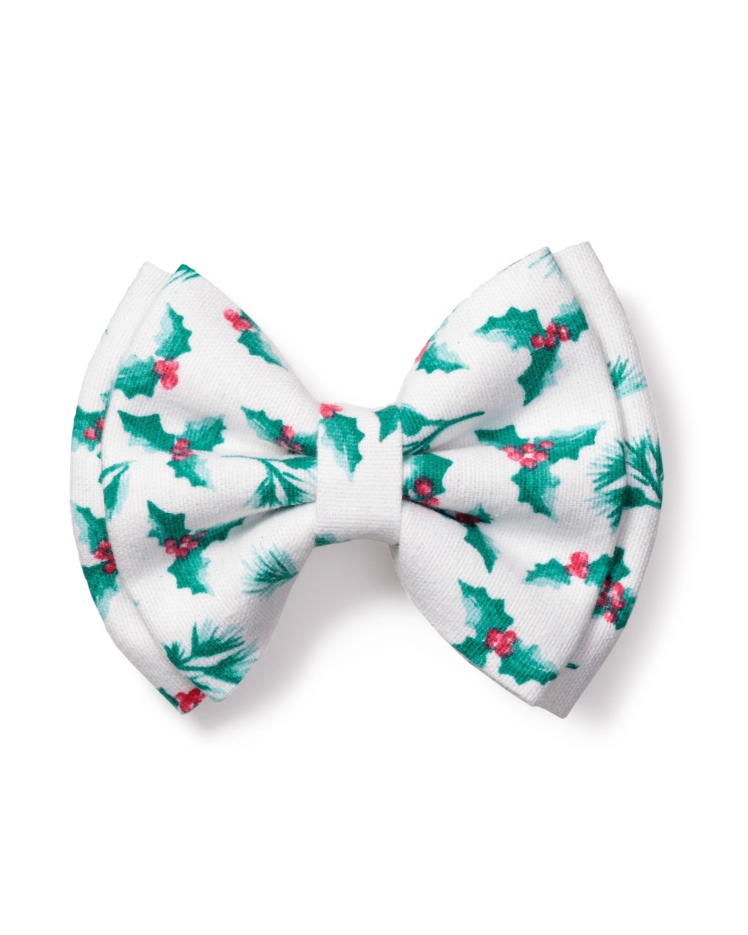Petite Plumes Girls Hair Bows in Sprigs of the Season feature a holly print with vibrant green leaves and red berries, adding a festive touch to any celebration.