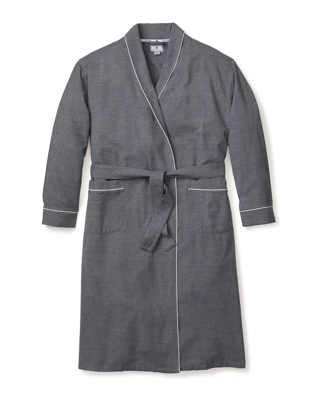 The Mens Flannel Robe in Grey by Petite Plume is a luxurious gray robe with a belt, white piping on the edges and cuffs, and two front pockets, showcased against a plain white background.