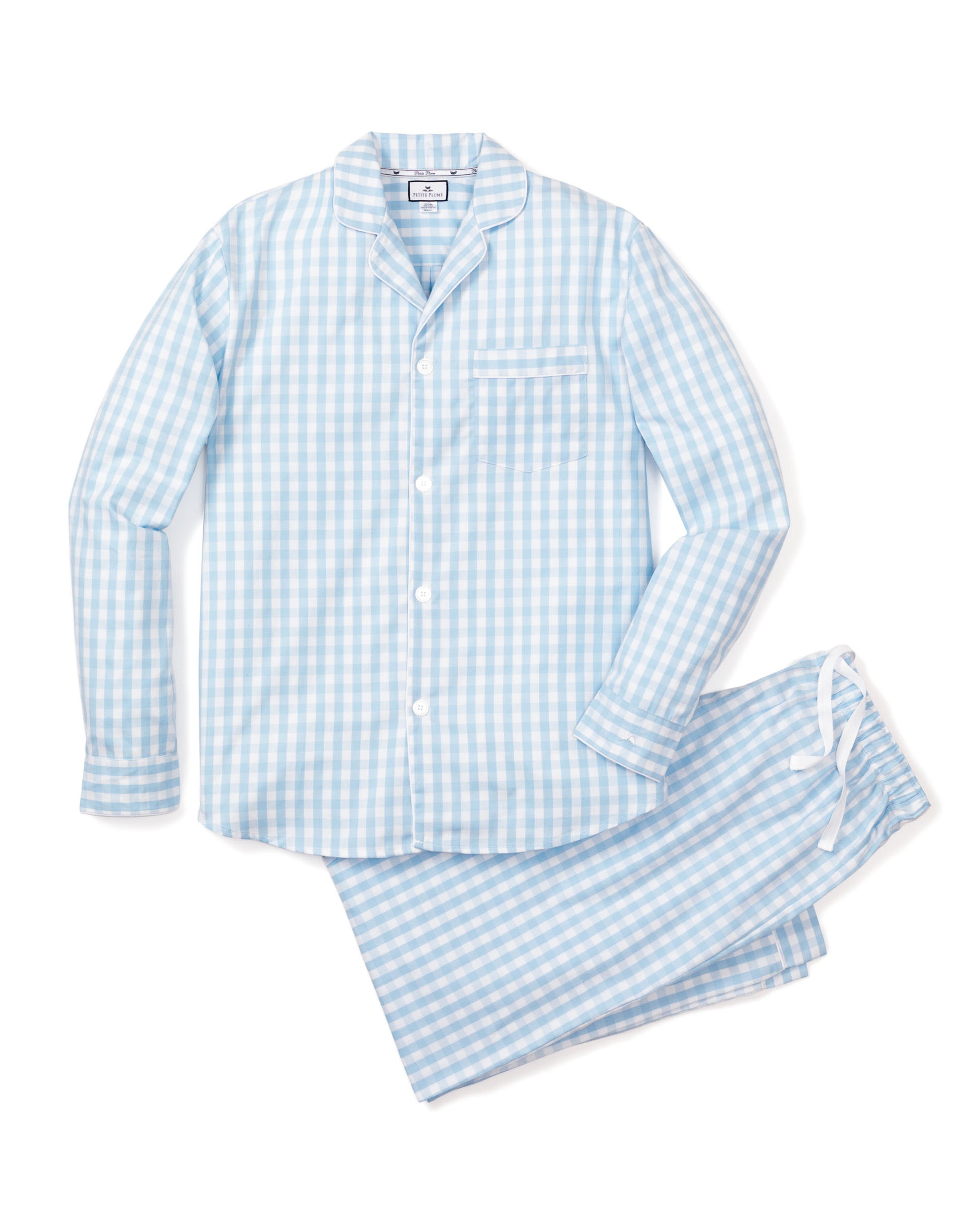 Men's Twill Pajama Set in Navy Gingham in Light Blue Gingham#Color_Light Blue Gingham.