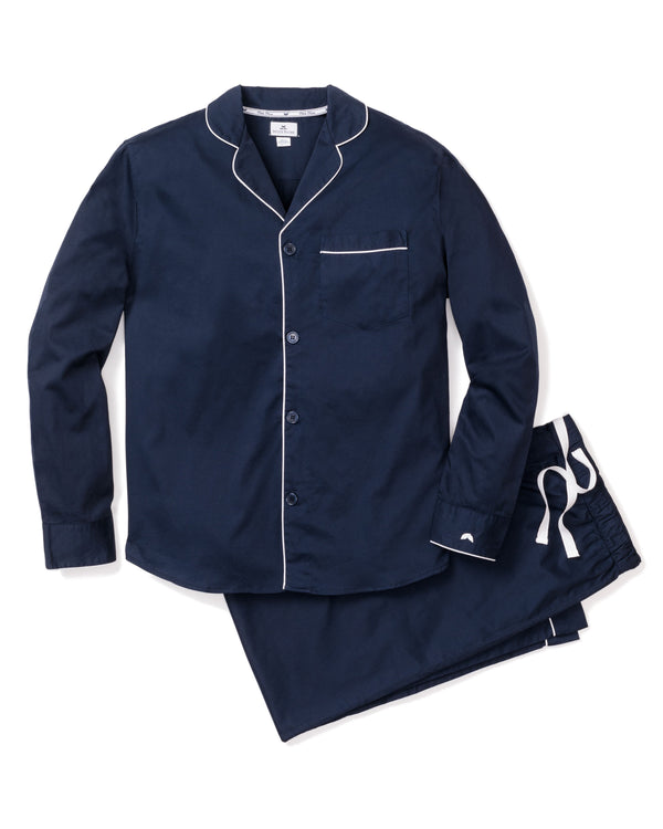 Men's Twill Pajamas in Navy with White Piping