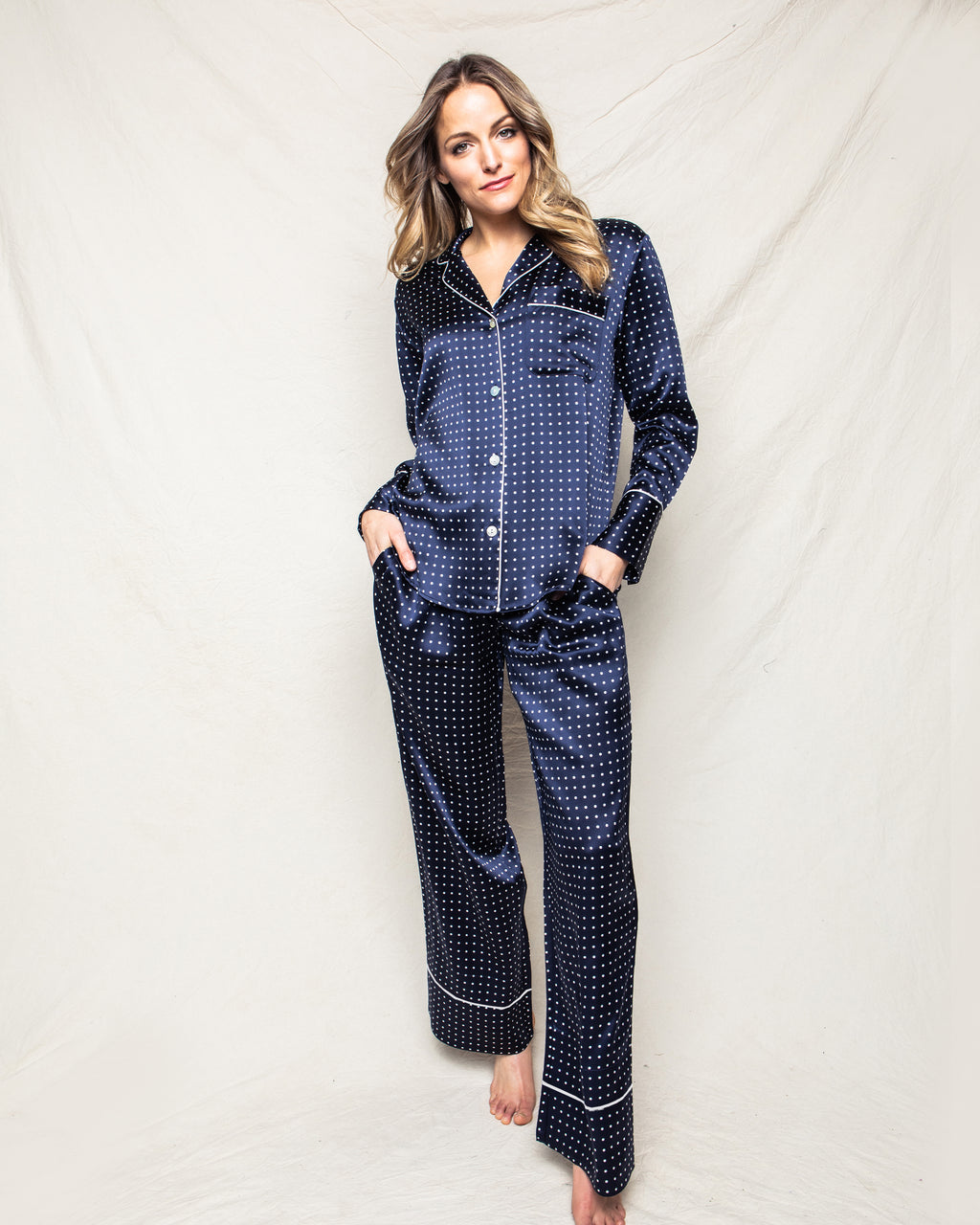 Women's Silk Pajama Set in Bordeaux Polka Dot