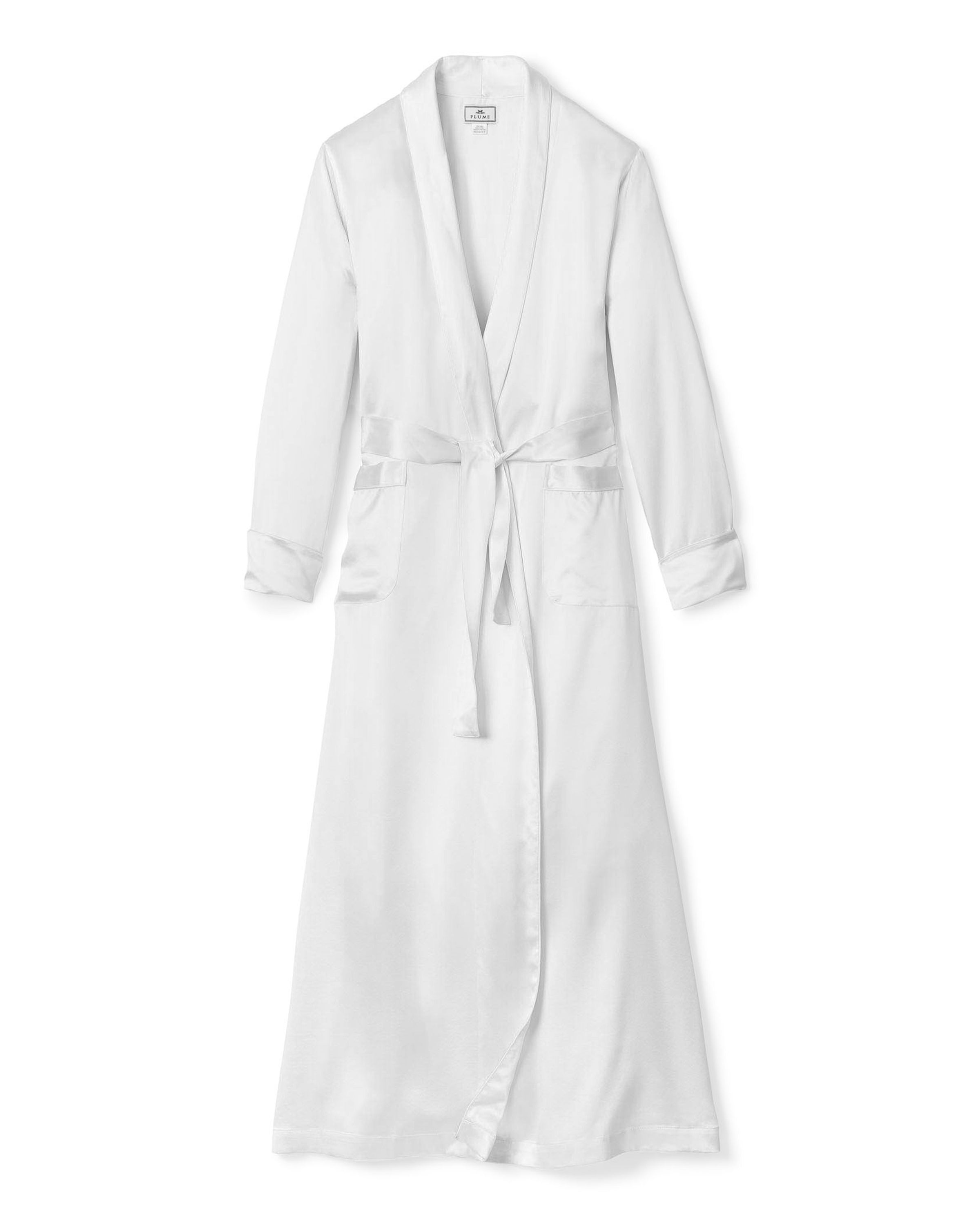 The Petite Plume Womens Silk Long Robe in White boasts a smooth, luxurious fabric with a soft sheen, featuring a wide lapel, long sleeves, and a matching silk waist tie for an elegant and comfortable look.