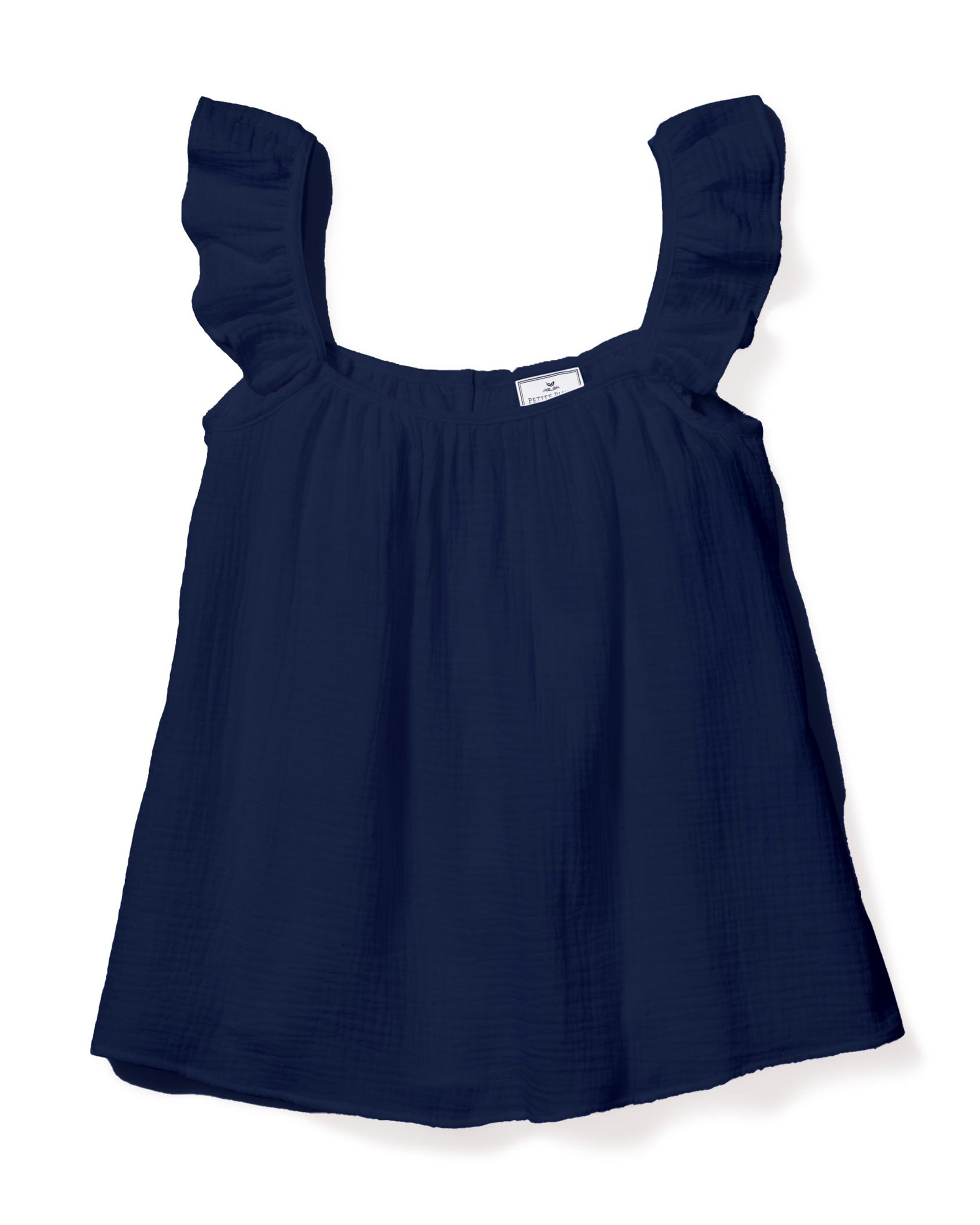 The Womens Gauze Celeste Top in Navy by Petite Plume flaunts a feminine silhouette with ruffled straps, a square neckline, and textured luxury cotton gauze. Loose-fitting and flowy, it epitomizes effortless elegance against a plain white backdrop.