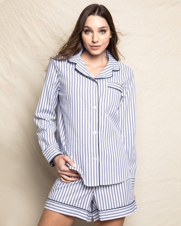 Women's Twill Long Sleeve Short Set in Navy French Ticking