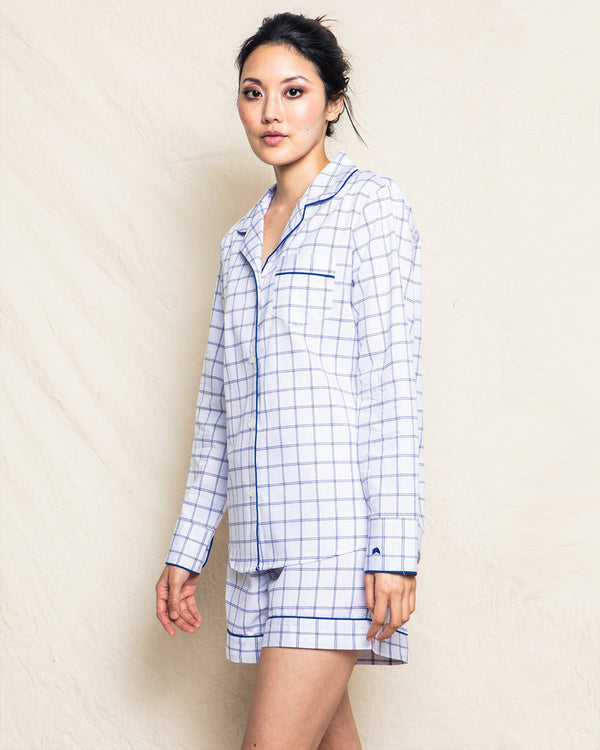 Women's Twill Pajama Long Sleeve Short Set in Nantucket Tattersall