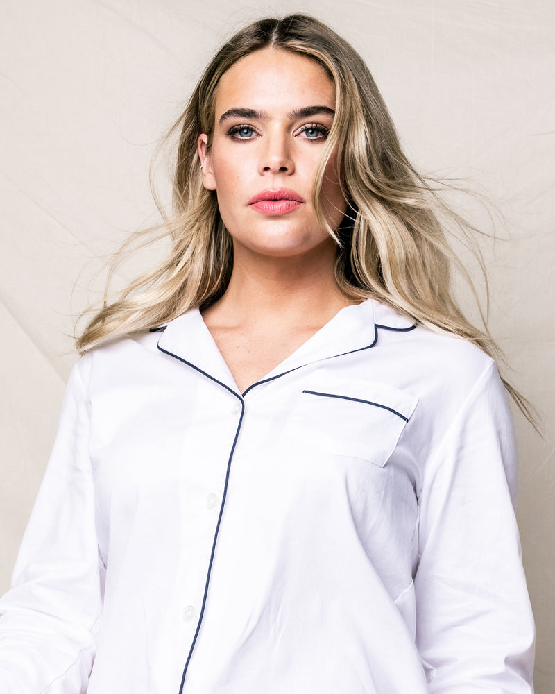 Women's Long Sleeve Short Set in White Twill with Navy Piping