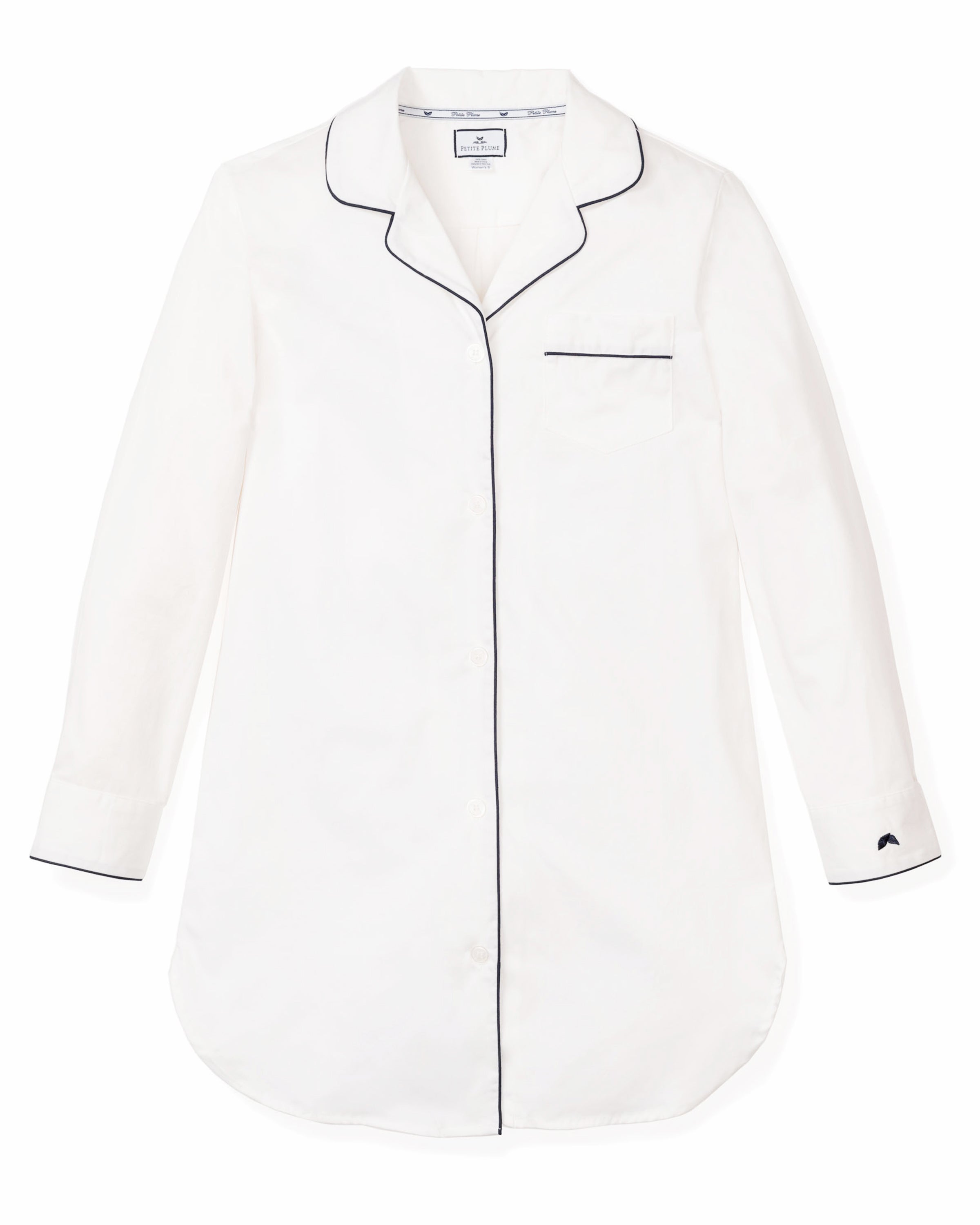 Petite Plumes Womens Twill Nightshirt features a 100% cotton twill in white, adorned with navy piping on the collar, cuffs, and button-down front. It includes a left chest pocket and provides moisture-wicking properties for all-night comfort.