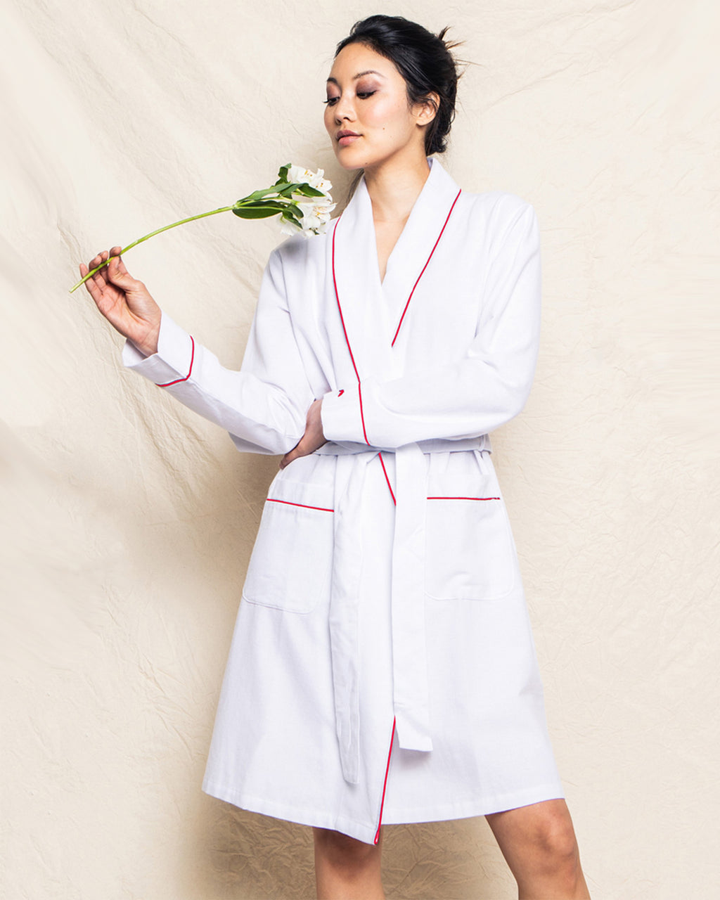 Women's Flannel Robe in White with Red Piping Petite Plume