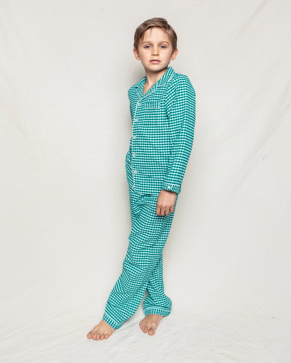 Kid's Flannel Pajama Set in Green Gingham