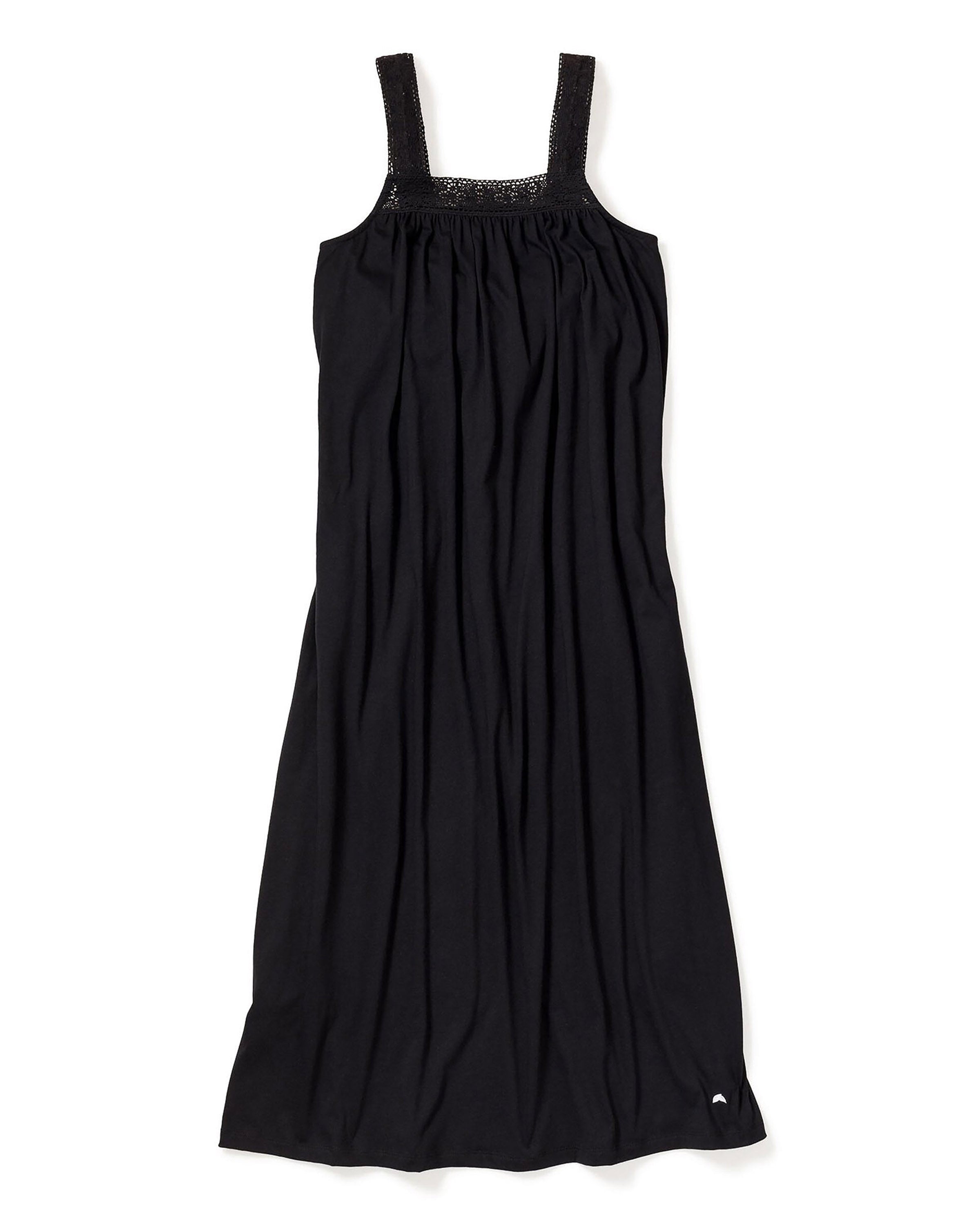 The Womens Pima Camille Nightgown by Petite Plume is a sleeveless black dress with a gathered bodice and wide shoulder straps, crafted from soft Peruvian Pima cotton. It drapes loosely with luxury nightgown vibes and has a small logo near the hem, laid flat on a white background.
