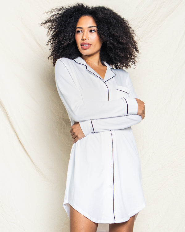 Women's Pima Nightshirt in White with Black Piping