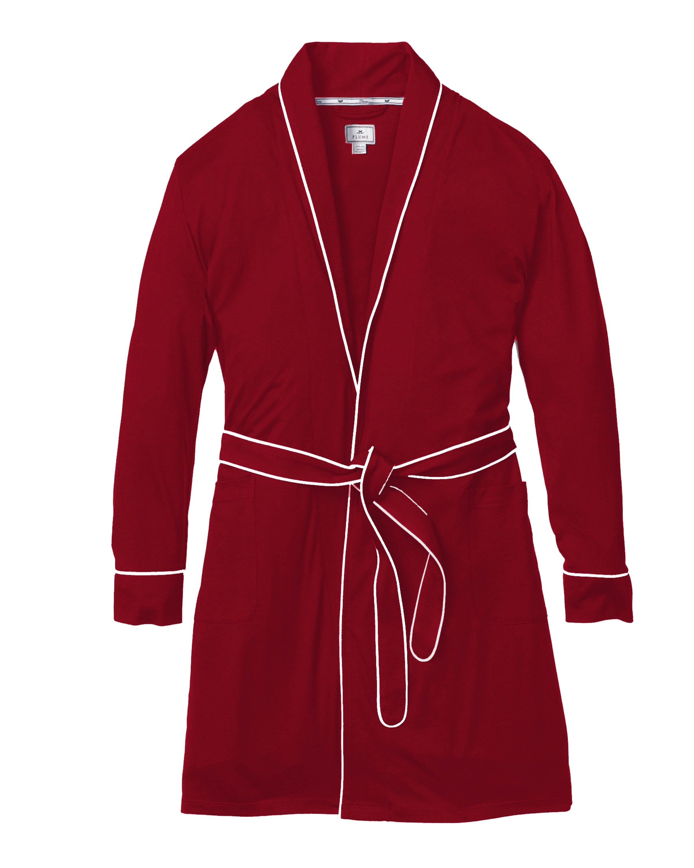 The Womens Pima Robe in Bordeaux by Petite Plume is a luxurious long-sleeve robe made from soft Peruvian Pima Cotton. It features white piping on the collar, cuffs, and belt, large front pockets, an open front design, and a matching fabric belt closure, evoking classic pajama silhouettes.