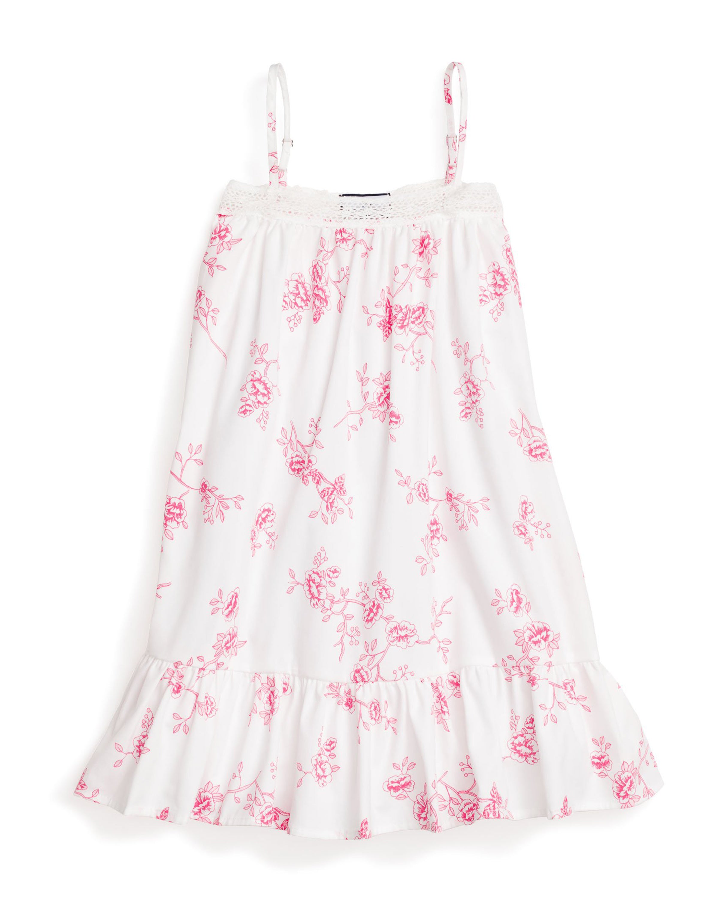 The Petite Plume Girls Twill Lily Nightgown in English Rose Floral features a white design with thin straps, a ruffled hem, vintage pink floral pattern, and delicate lace trim on top.