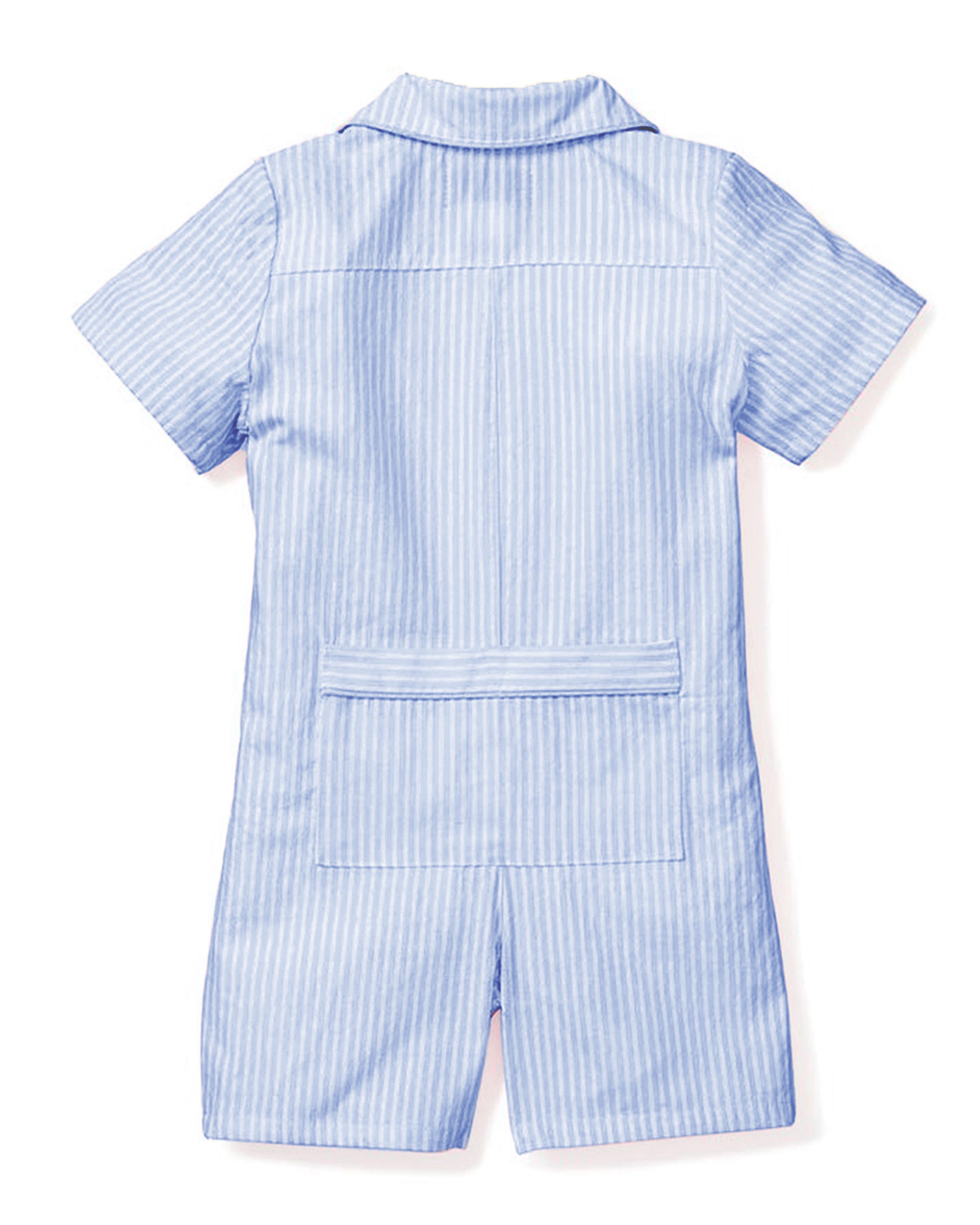 The Babys Twill Blue Seersucker Summer Romper by Petite Plume features a Parisian spirit with light blue and white stripes, a collar, back pocket, and vertical seam for a relaxed fit.