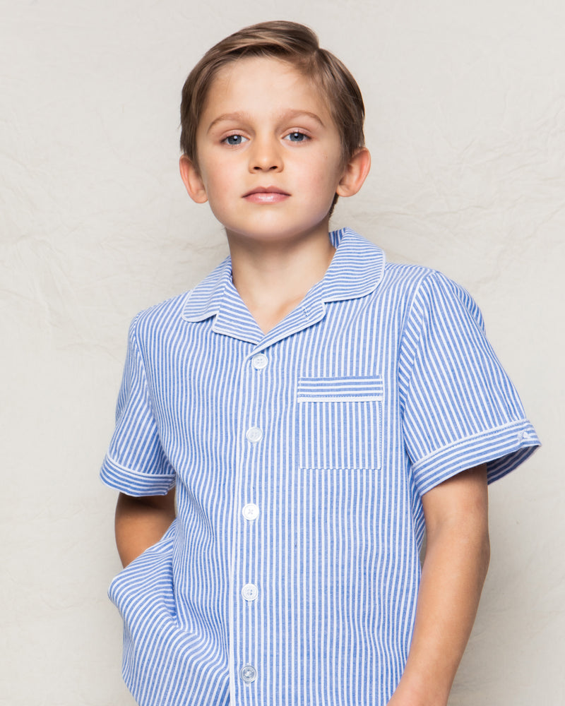 Kid's Twill Pajama Short Set in French Blue Seersucker