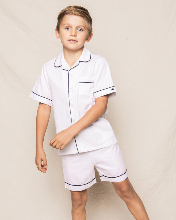 Kid's Twill Pajama Short Set in White with Navy Piping