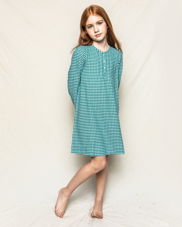 Girl's Flannel Beatrice Nightgown in Green Gingham