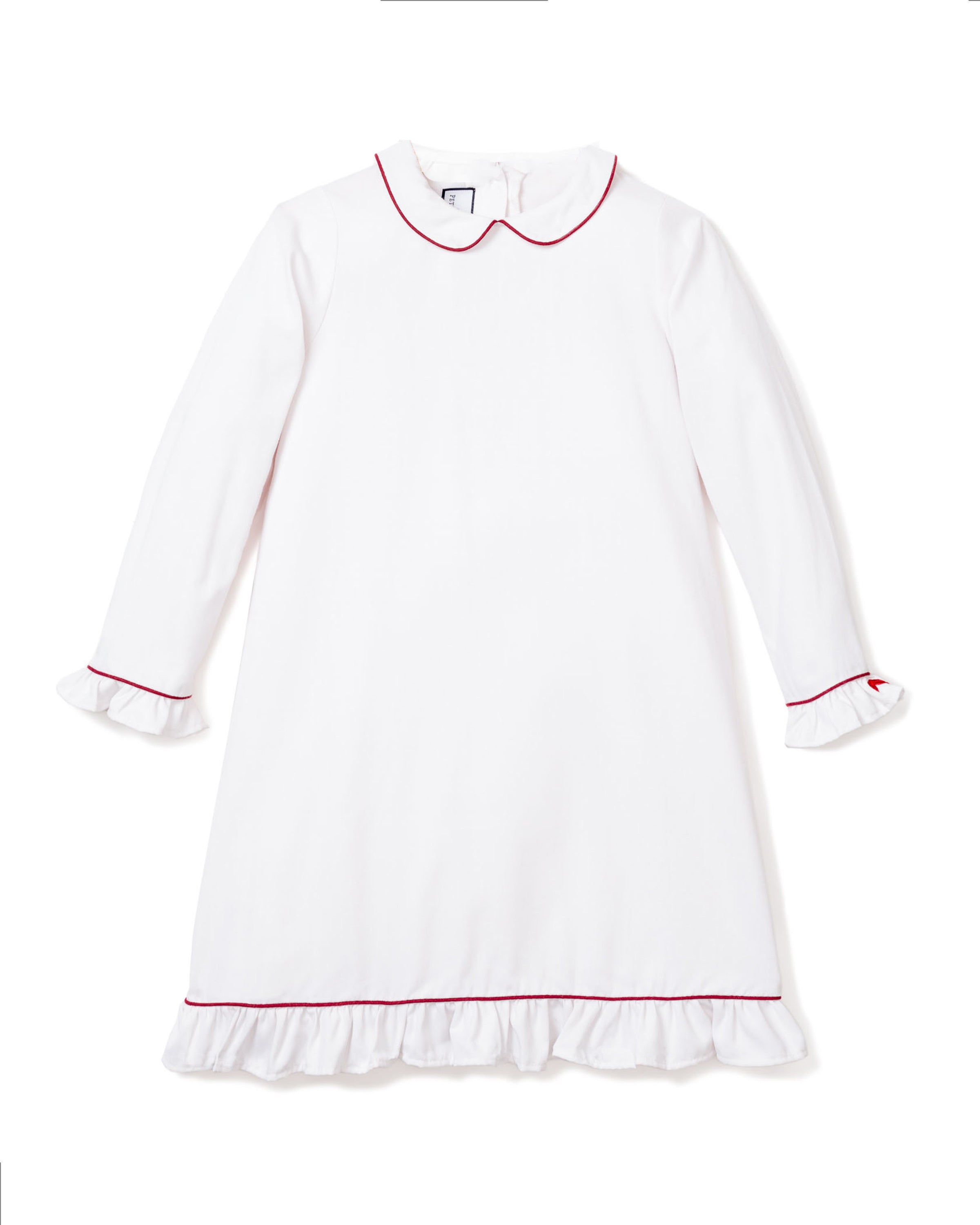 The Petite Plume Girls White Sophia Nightgown features a round collar, red piping, and ruffled trims at the cuffs and hem, made from comfortable cotton sleepwear.