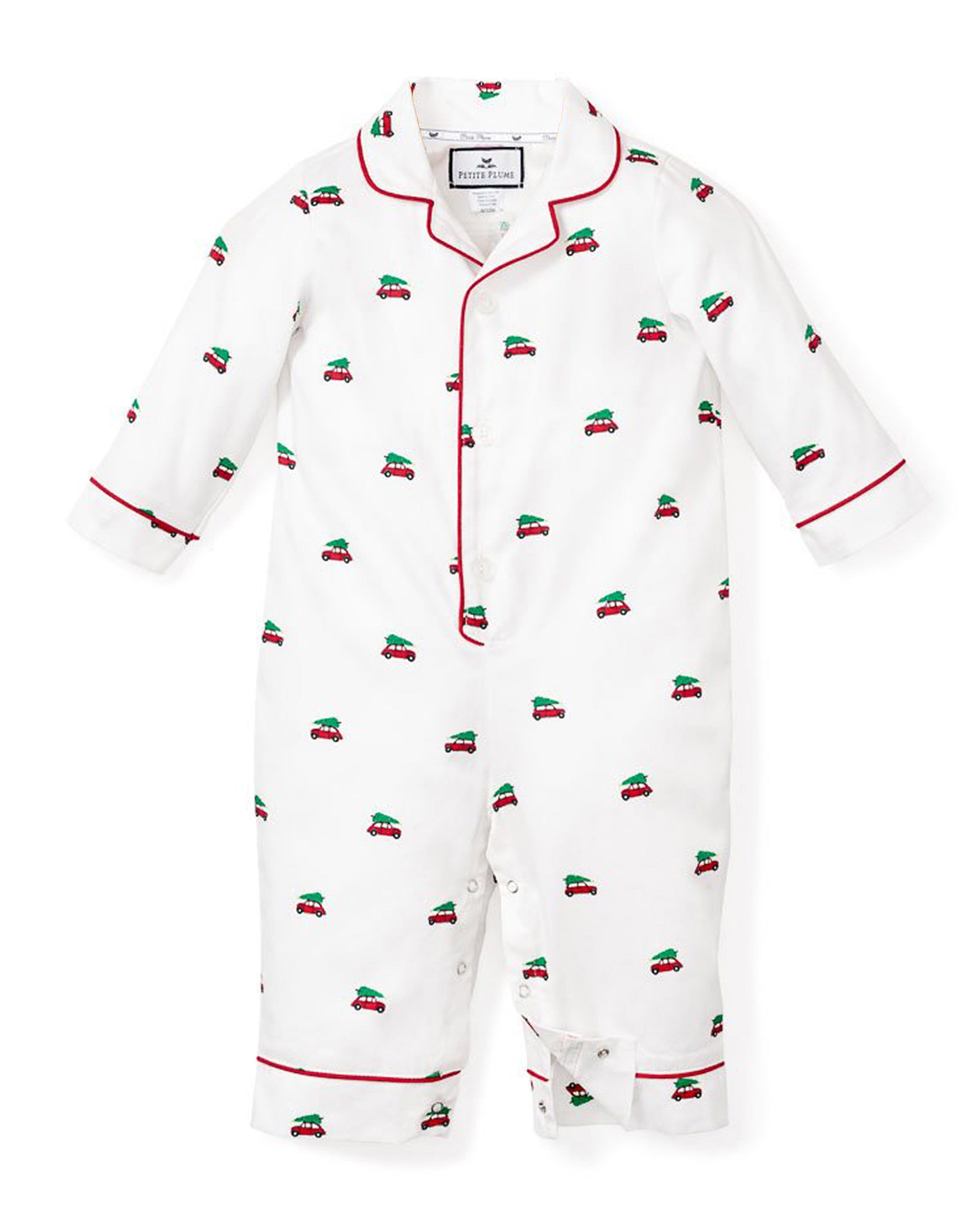 Petite Plumes Babys Twill Romper in Holiday Journey offers a white design with long sleeves, red trim, and small red and green cars, made from the softest brushed fabric for ultimate comfort.
