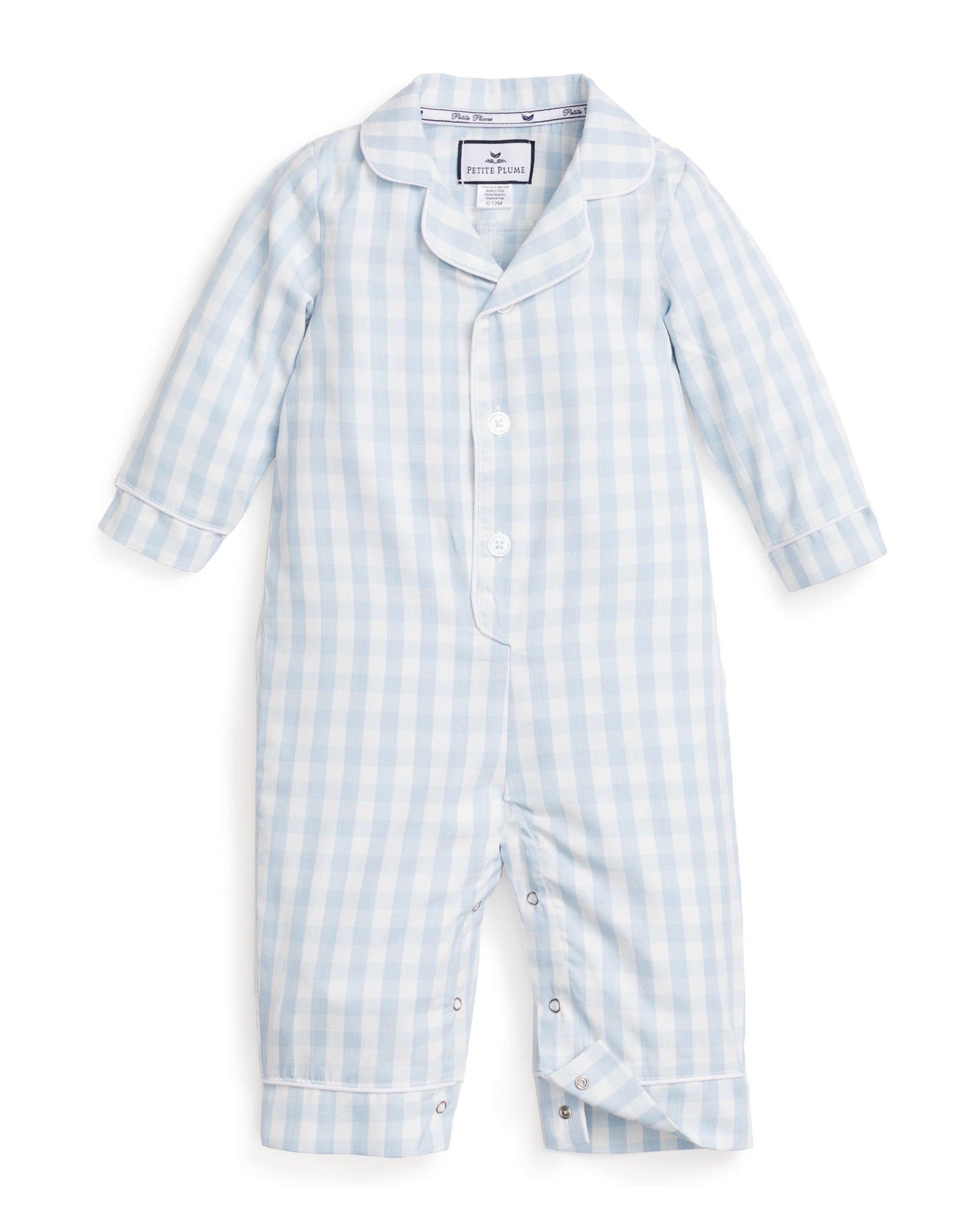 Petite Plumes Babys Twill Romper in light blue gingham features a yarn-dyed cotton construction with long sleeves and buttons down the front and legs. It has a collared neckline for style and comfort and is shown flat on a white background.