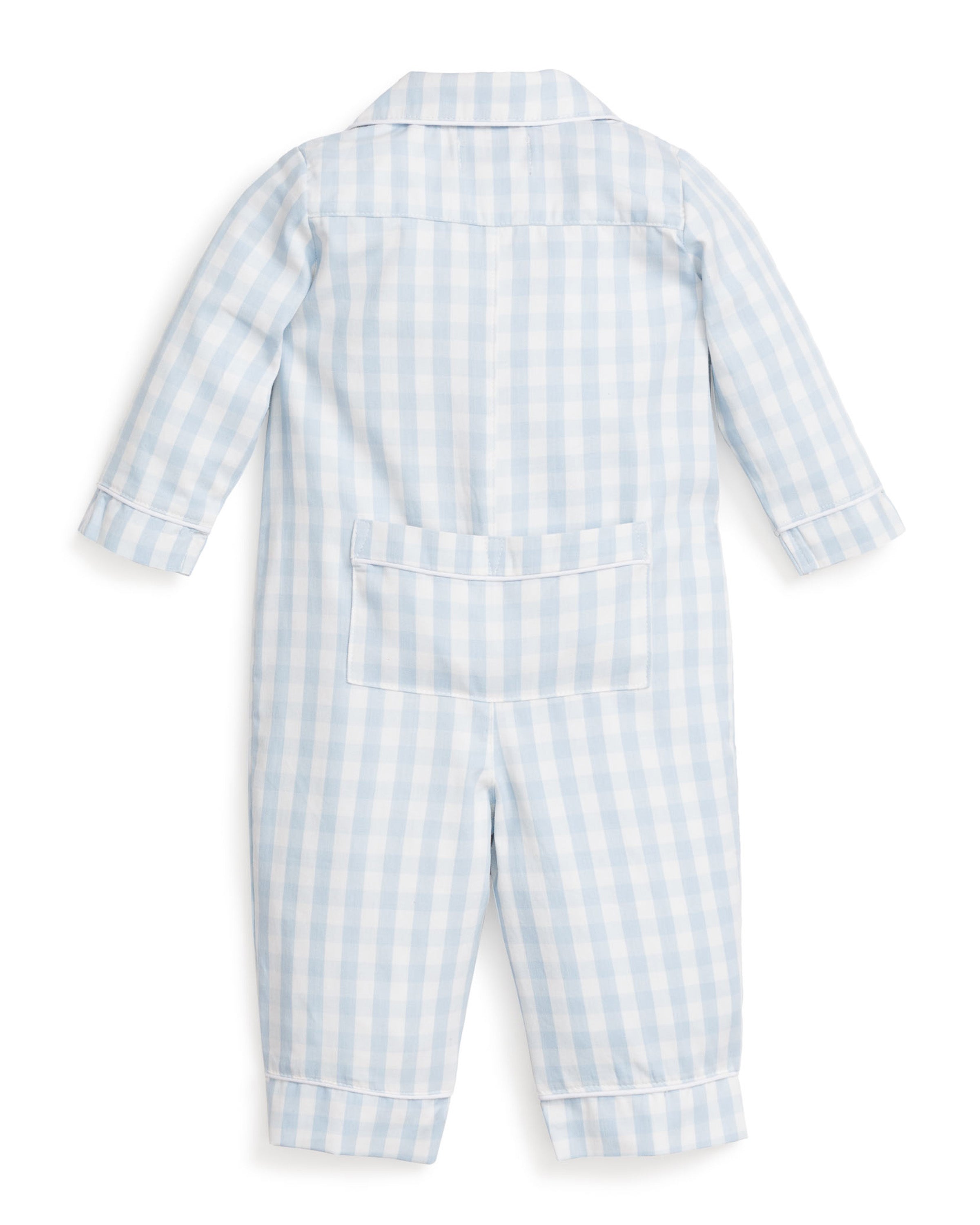 The Petite Plume Babys Twill Romper in Light Blue Gingham showcases an adorable checkered design with a stylish collar, ankle cuffs, and a charming back pocket. Crafted from yarn-dyed cotton, its the perfect blend of comfort and classic style.