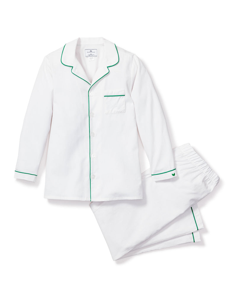 Kid's Twill Pajama Set in White with Green Piping