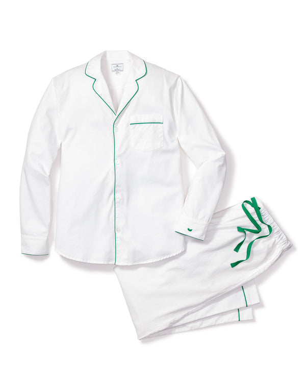 Men's Twill Pajama Set in White with Green Piping