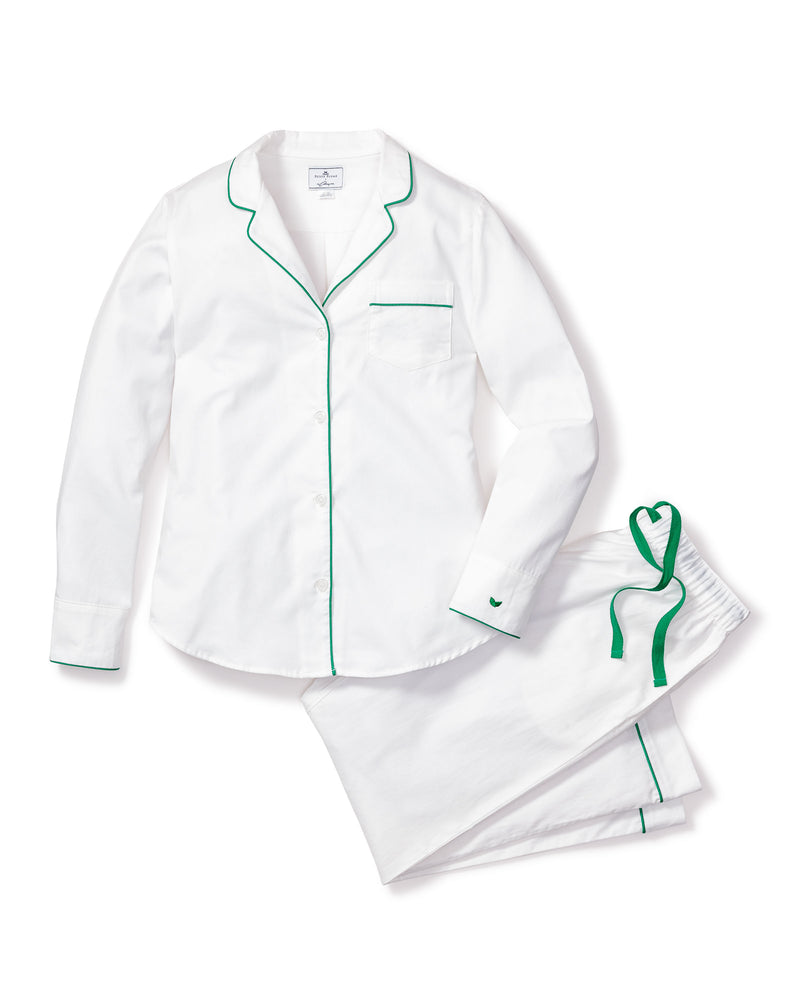 Women's White Twill Pajama Set with Green Piping