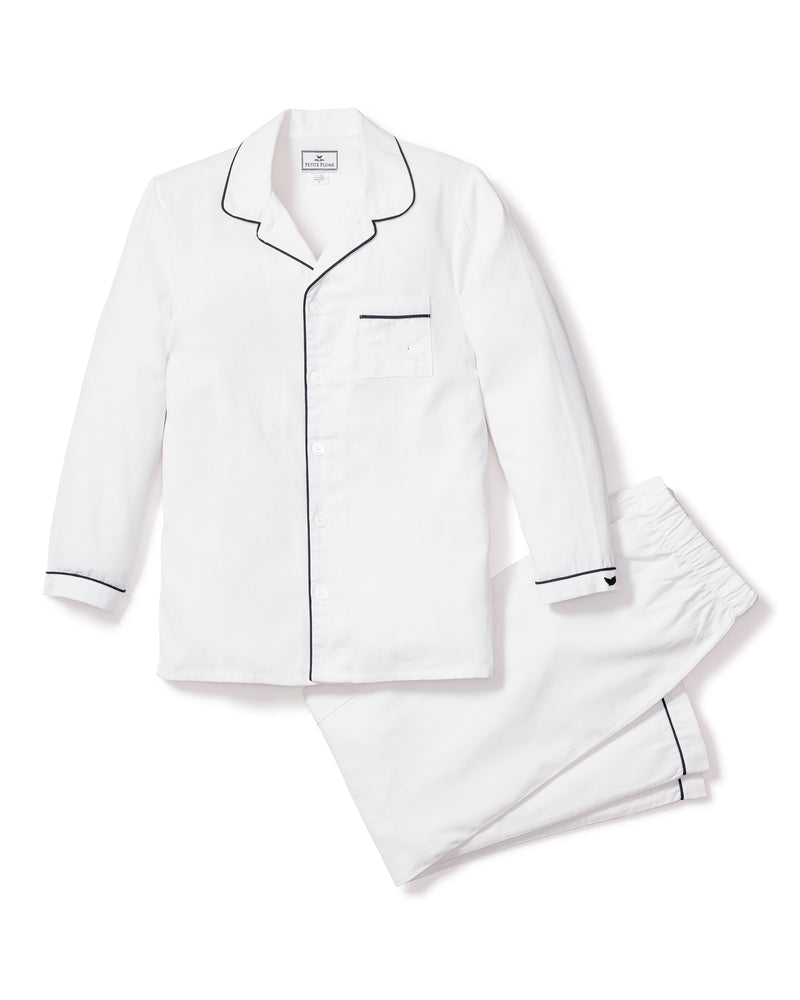 Kid's Twill Pajama Set in White with Navy Piping