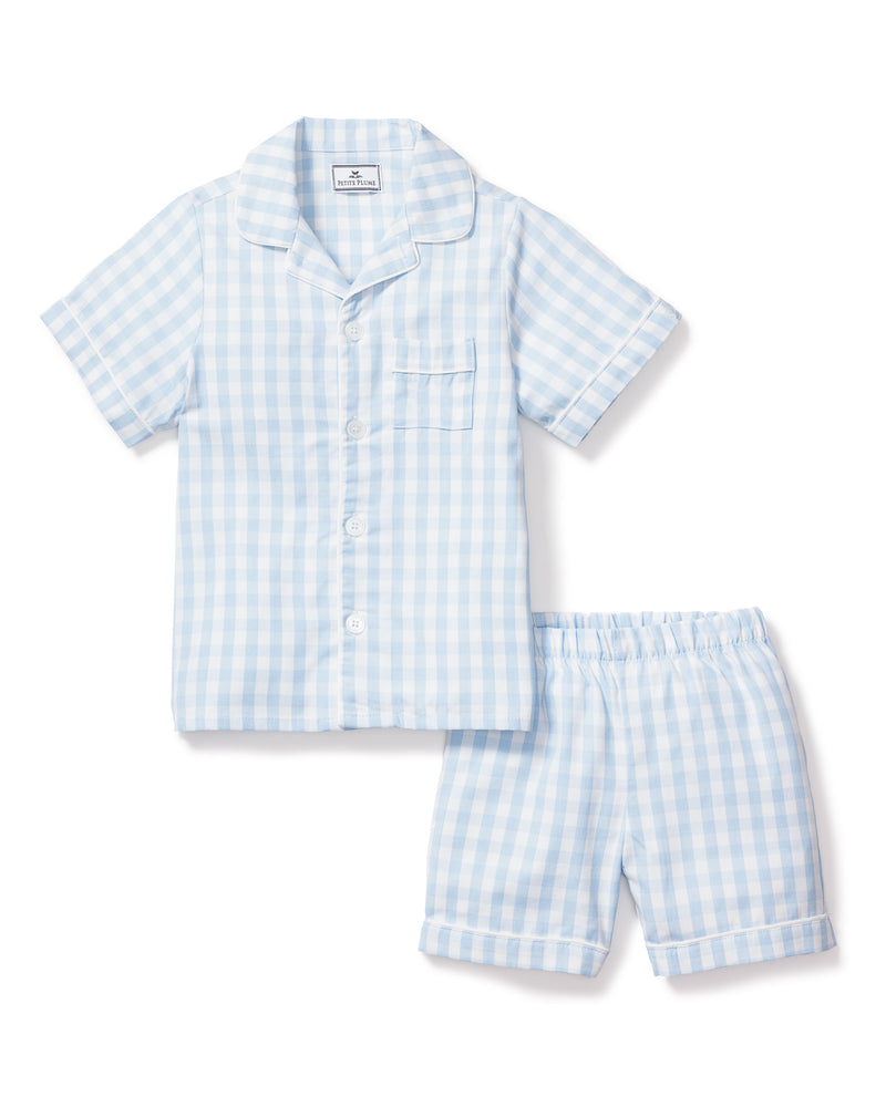 Kid's Twill Pajama Short Set in Light Blue Gingham