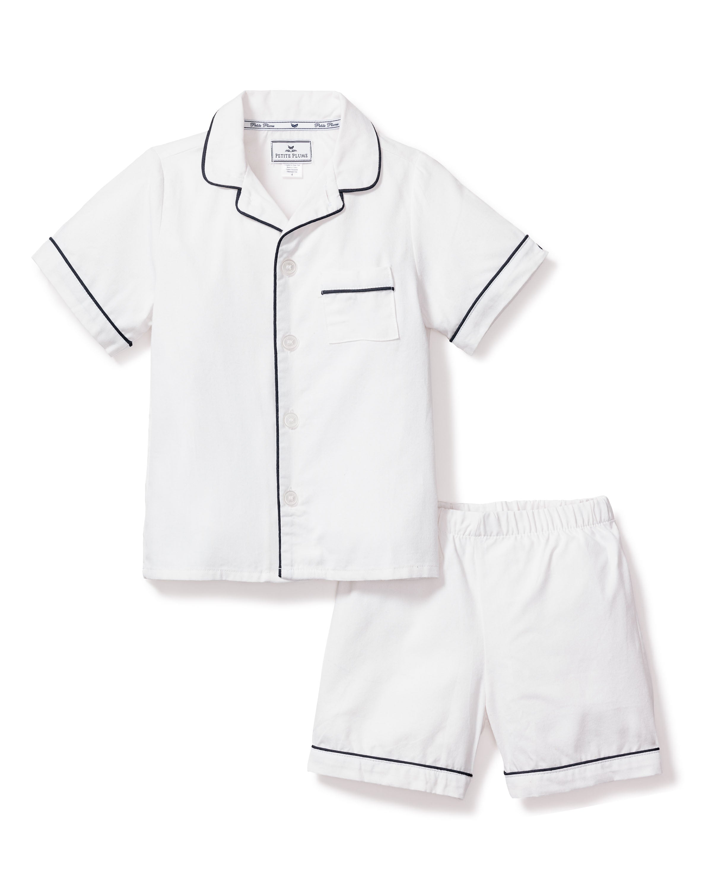 Kid's Twill Pajama Short Set in White with Navy Piping