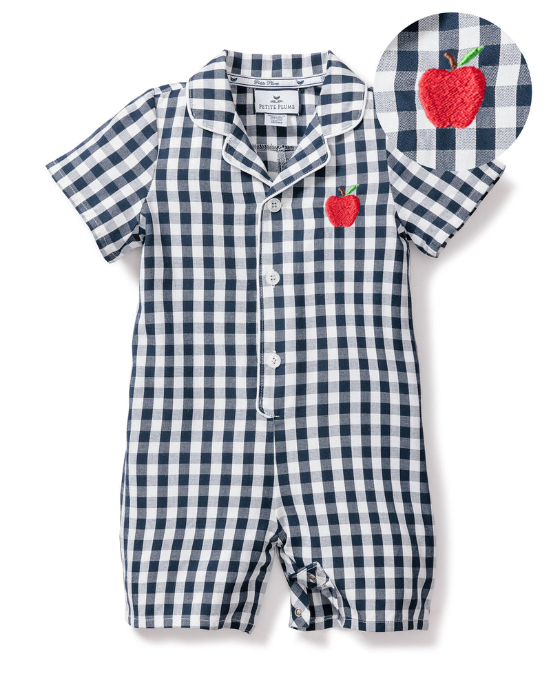 Back to School Limited Edition - Navy Gingham Romper with Apple Embroidery