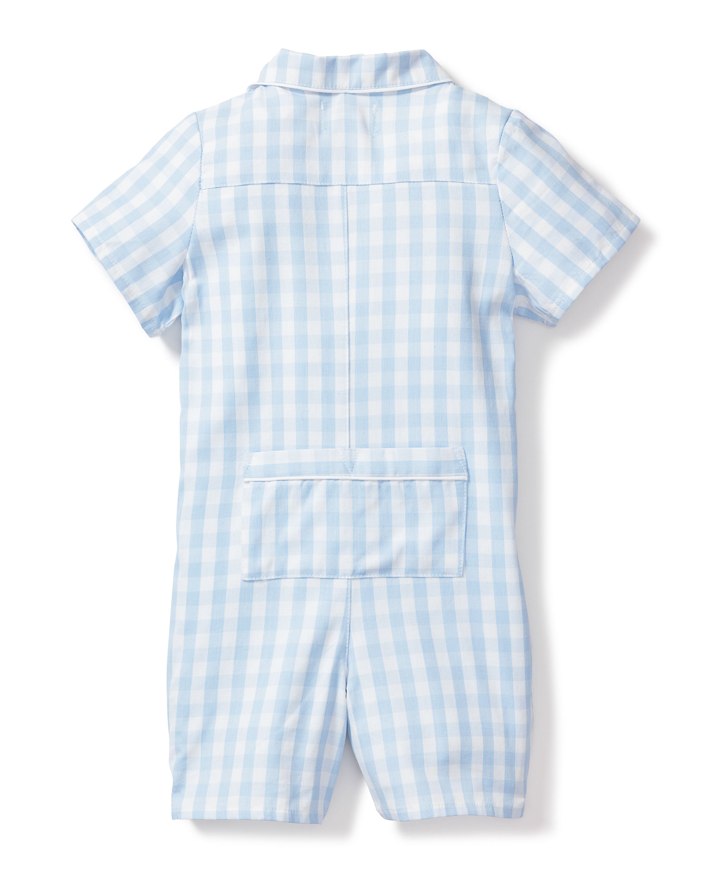 Back view of Petite Plumes Babys Twill Summer Romper in Light Blue Gingham, featuring a small collar, a large pocket on the lower back, and crafted from soft yarn-dyed cotton for comfort.