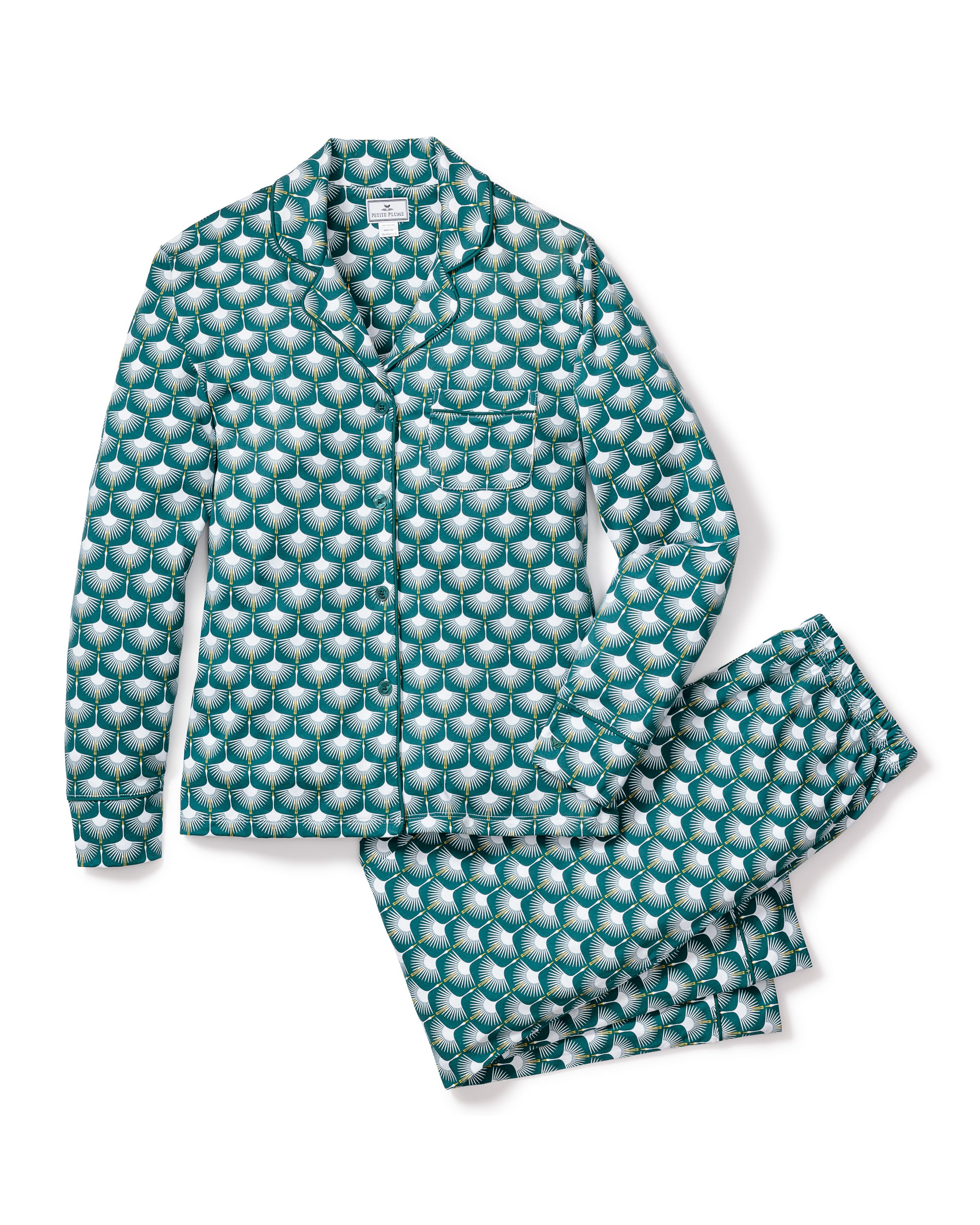 The Womens Pima Pajama Set in Sonnet of Swans by Petite Plume showcases a graceful teal and white geometric design. Made from luxurious Peruvian Pima cotton, it features a button-up, long-sleeve top with a pocket and matching pants with an elastic waistband for ultimate comfort.