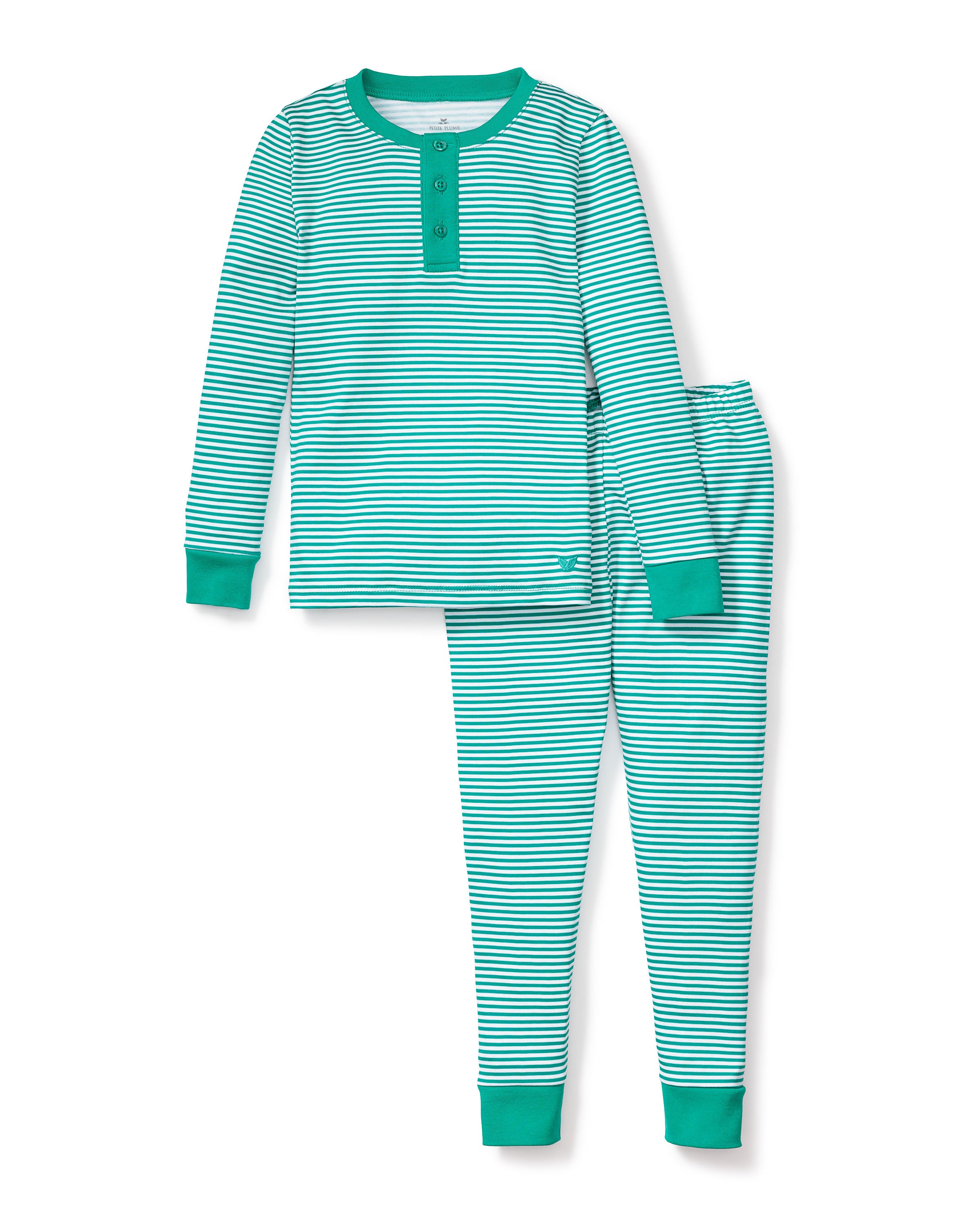 Kid's Pima Snug Fit Pajama Set in Green Stripe