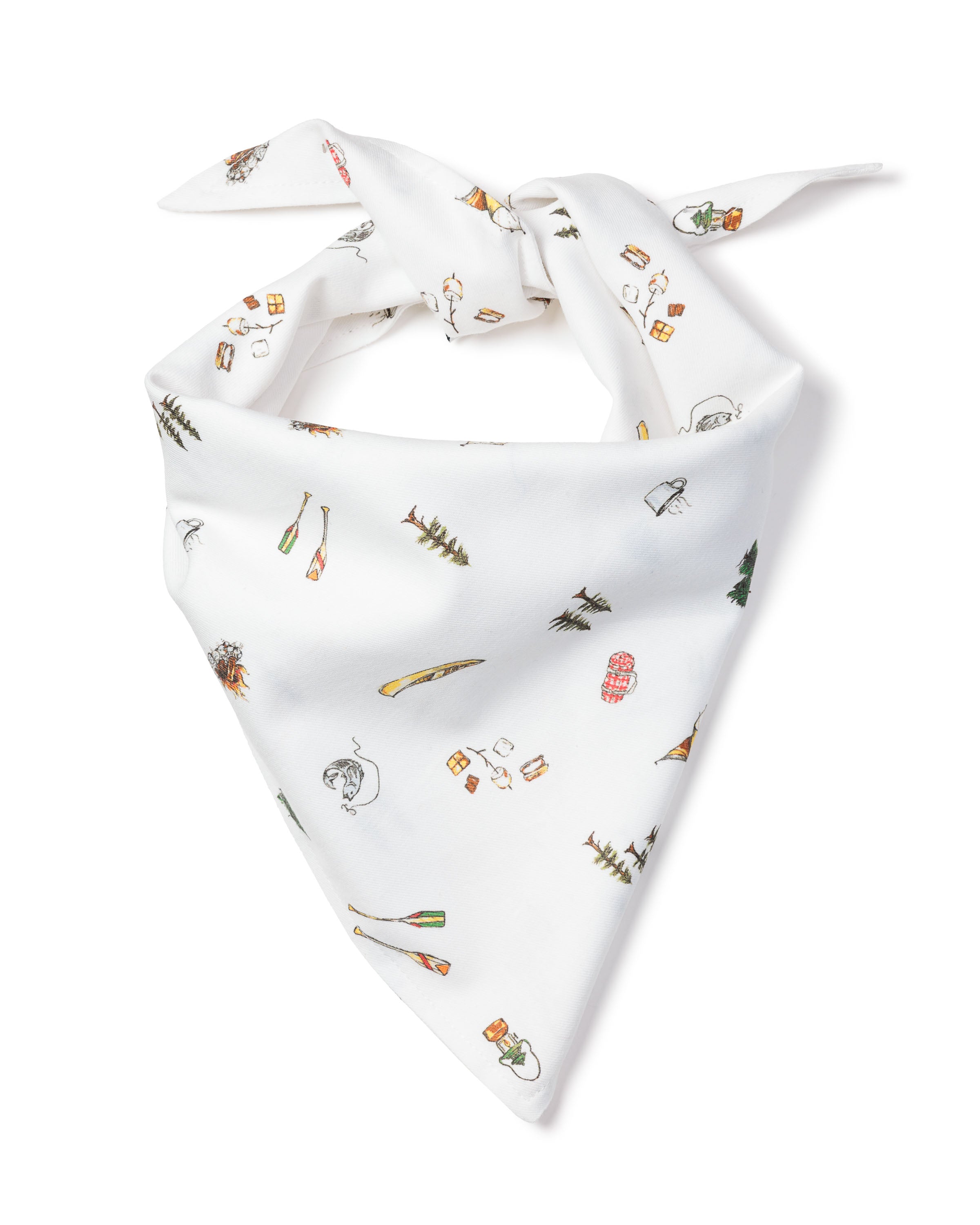 The Great Outdoors dog bandana from Petite Plume features charming camping-themed illustrations like tents, trees, paddles, and campfires. This stylish white bandana is perfect for your pup and is knotted at the top for a trendy look.