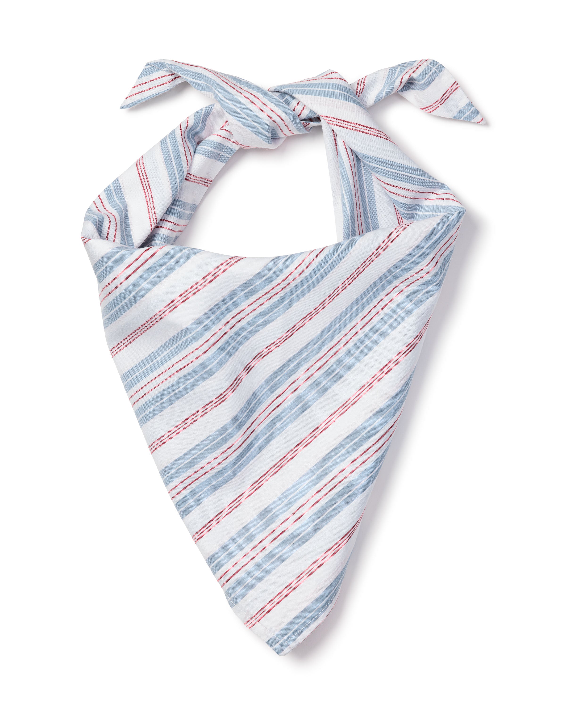 The Dog Vintage French Stripes Bandana by Petite Plume is a chic accessory with blue, white, and red diagonal stripes. Made from quality fabric and perfectly folded into a triangle, it stylishly adorns your furry friend.