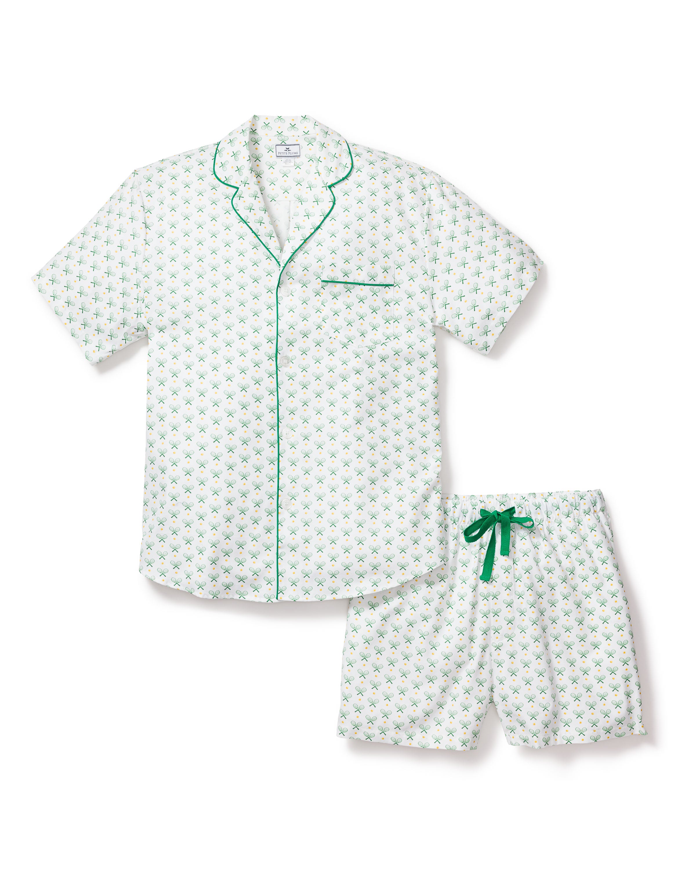 The Mens Twill Pajama Short Set in Match Point by Petite Plume is a light green, short-sleeved set made from 100% cotton. It features a small floral pattern, includes a button-up shirt with a chest pocket, and matching shorts with a green drawstring for comfort and style.