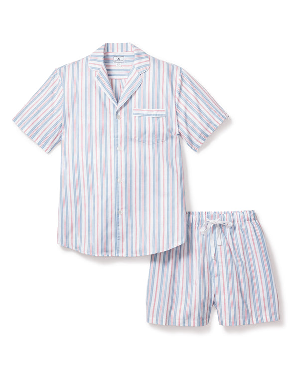 Men's Twill Pajama Short Set in Vintage French Stripes