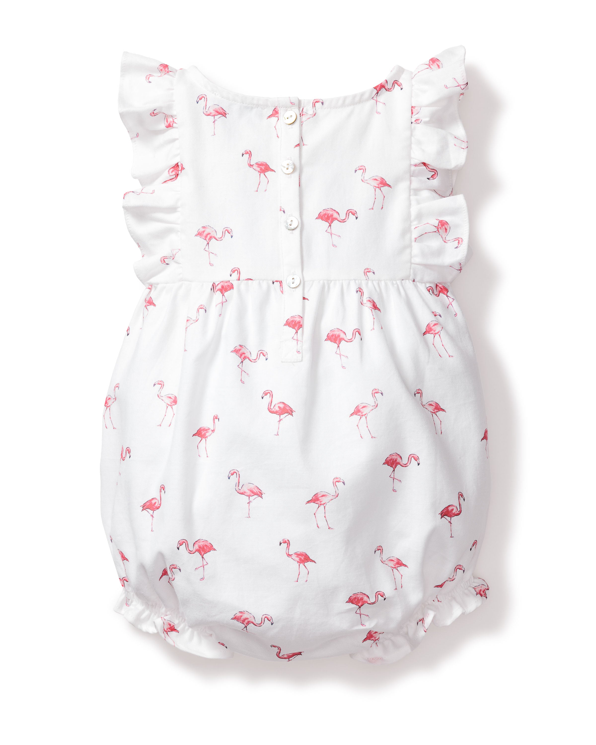 The Petite Plume Babys Twill Ruffled Romper in Flamingos combines charm and comfort with its playful pink flamingo print, white fabric, ruffled sleeves, and hem. It features back buttons, perfect for those seeking tropical pajama vibes for their little ones.