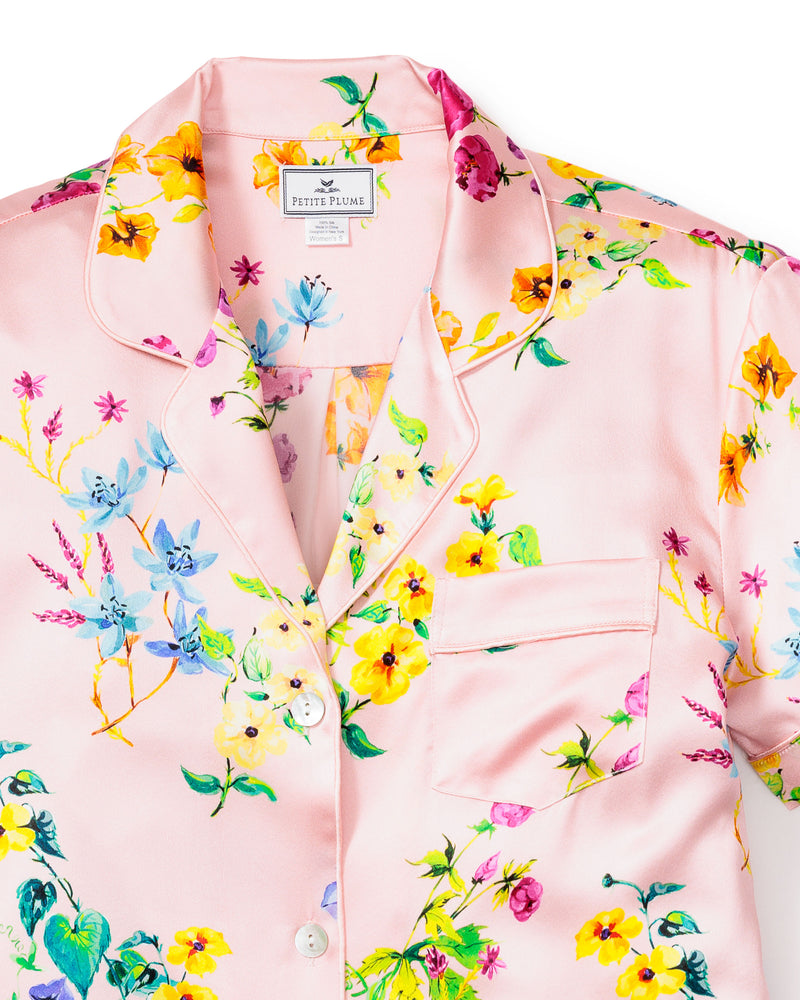 Women's Silk Pajama Short Set in Blush Brilliant Botanical