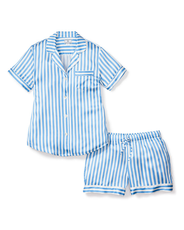 Women's Silk Pajama Short Set in Azure Stripe