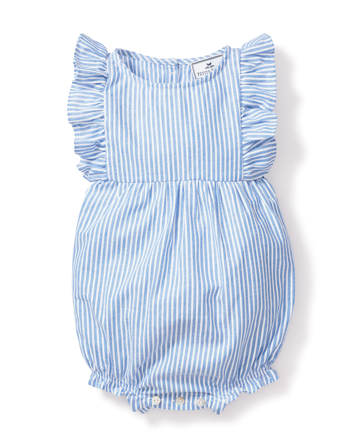 Baby's Twill Ruffled Romper in French Blue Heritage Stripe