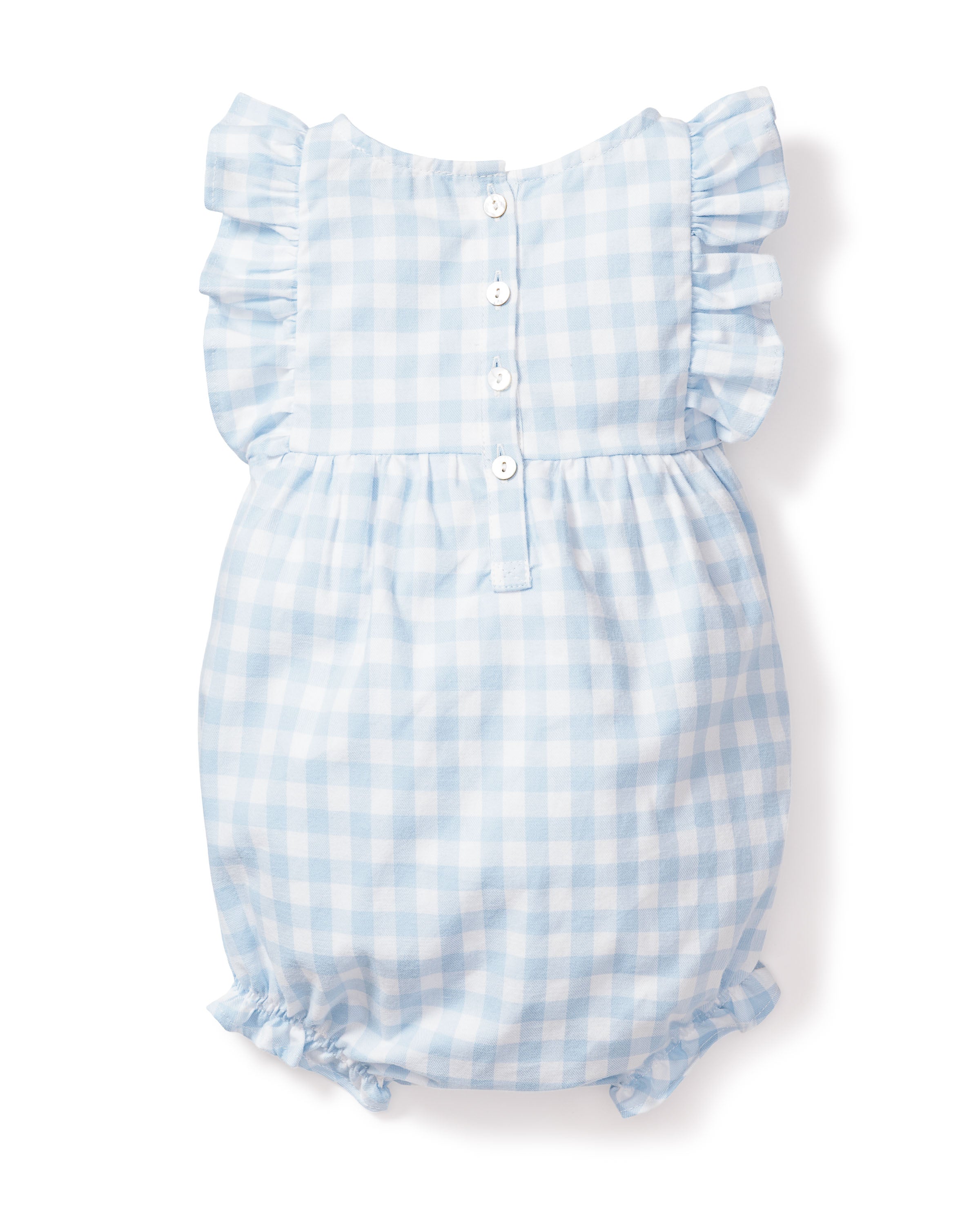 The Petite Plume Babys Twill Ruffled Romper in Light Blue Gingham is a cotton checkered baby romper with ruffled sleeves, buttons down the back, and elastic leg openings, ideal for sleepwear.