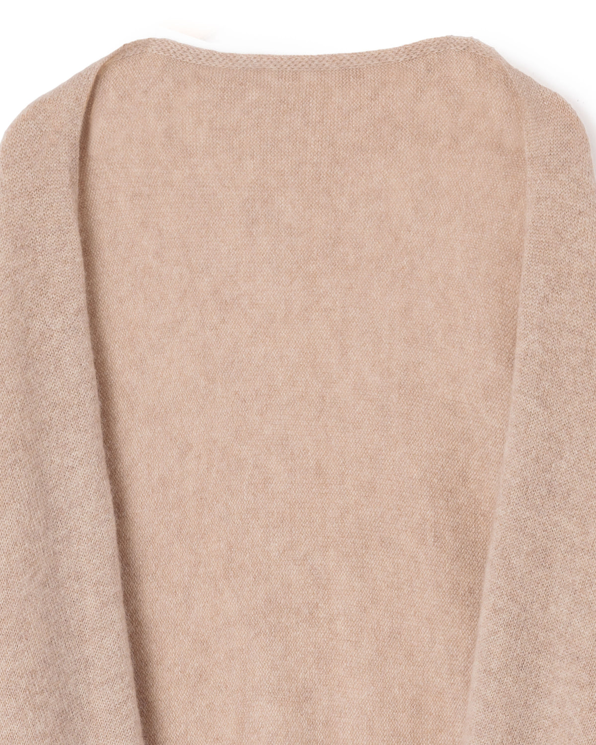 Close-up of Petite Plumes Womens Cashmere Wrap in Beige, featuring a luxurious textured knit and a rounded neckline, perfect for adding elegance to any refined wardrobe.