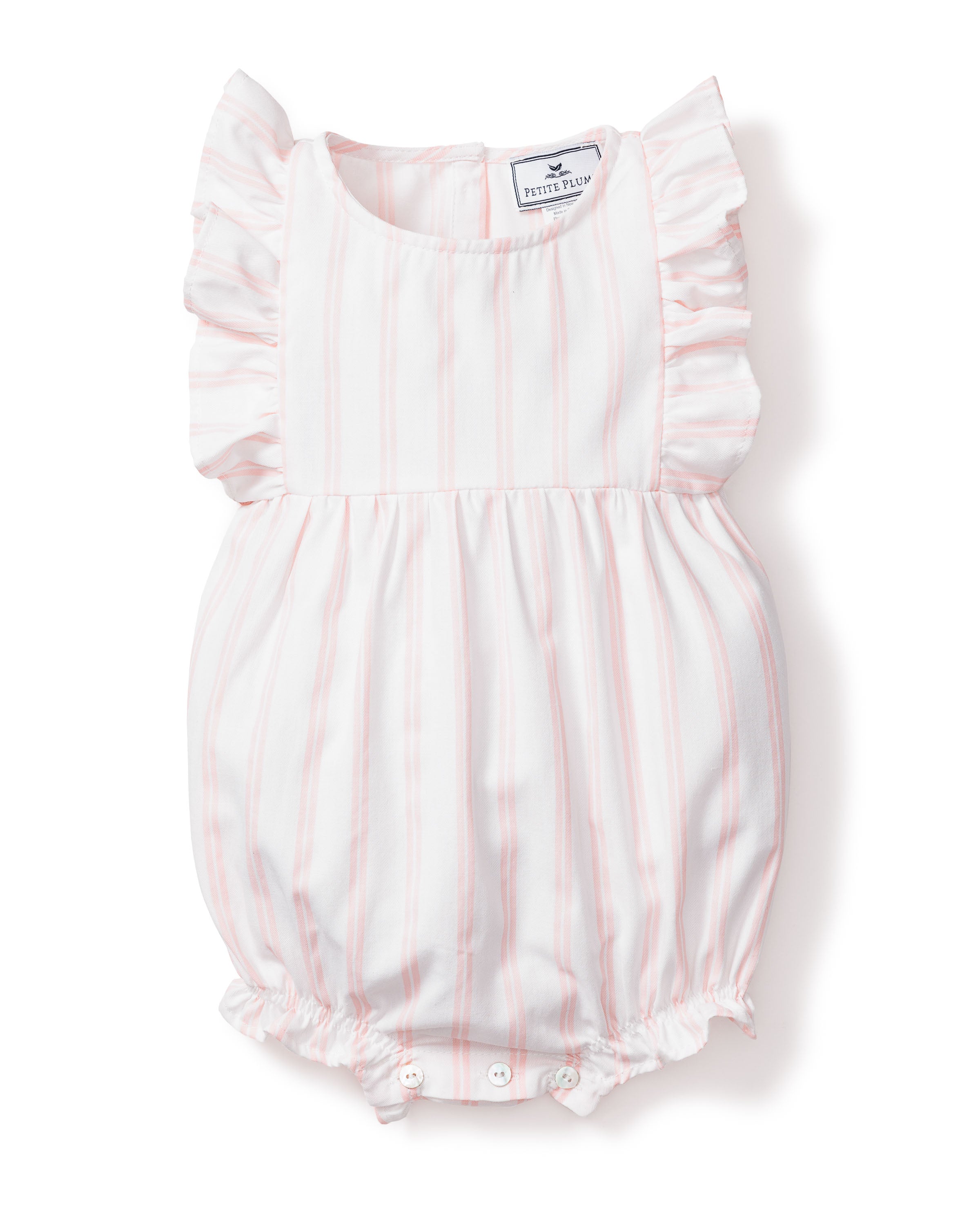 Baby's Twill Stripe Ruffled Romper in Pink and White Stripe