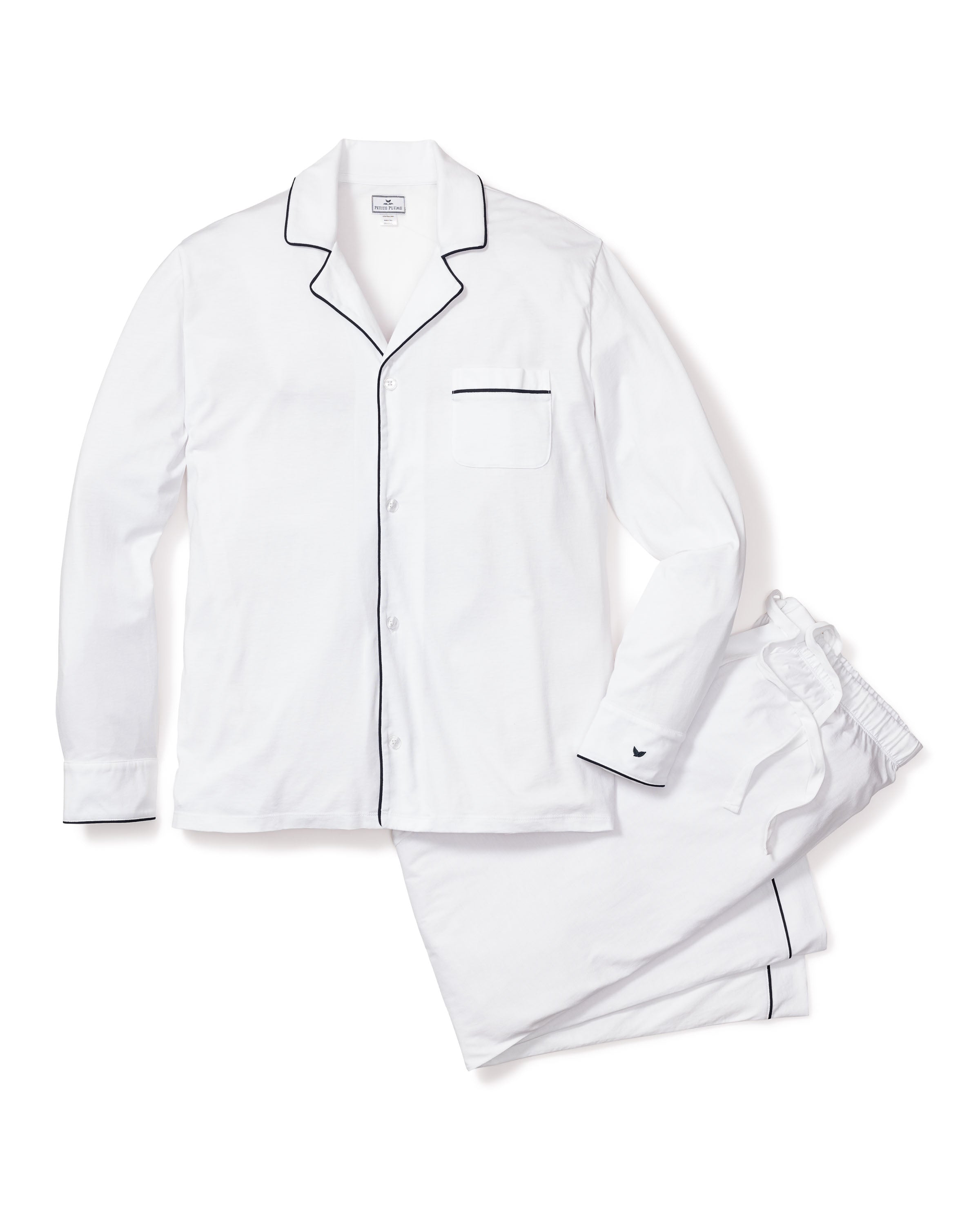 Luxe Pima Men's White with Navy Piping Pajama | Petite Plume