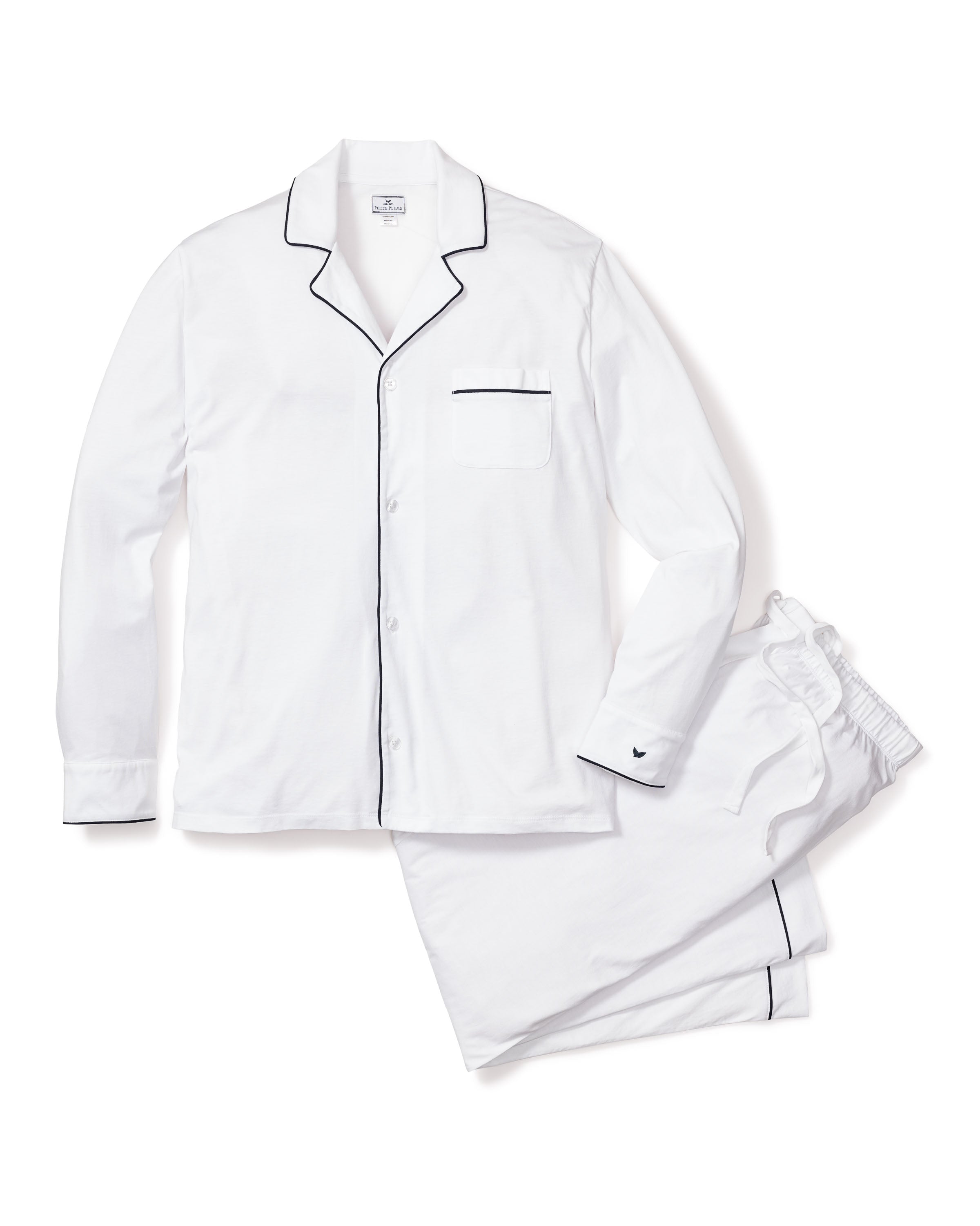 Men's Pima Pajama Set in Navy in White with Navy Piping#Color_White with Navy Piping