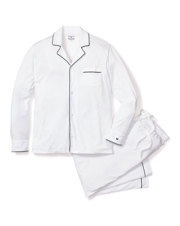 Men's Pima Pajama Set in White with Navy Piping