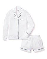 Luxe Pima White with Navy Piping Long Sleeve Short Set